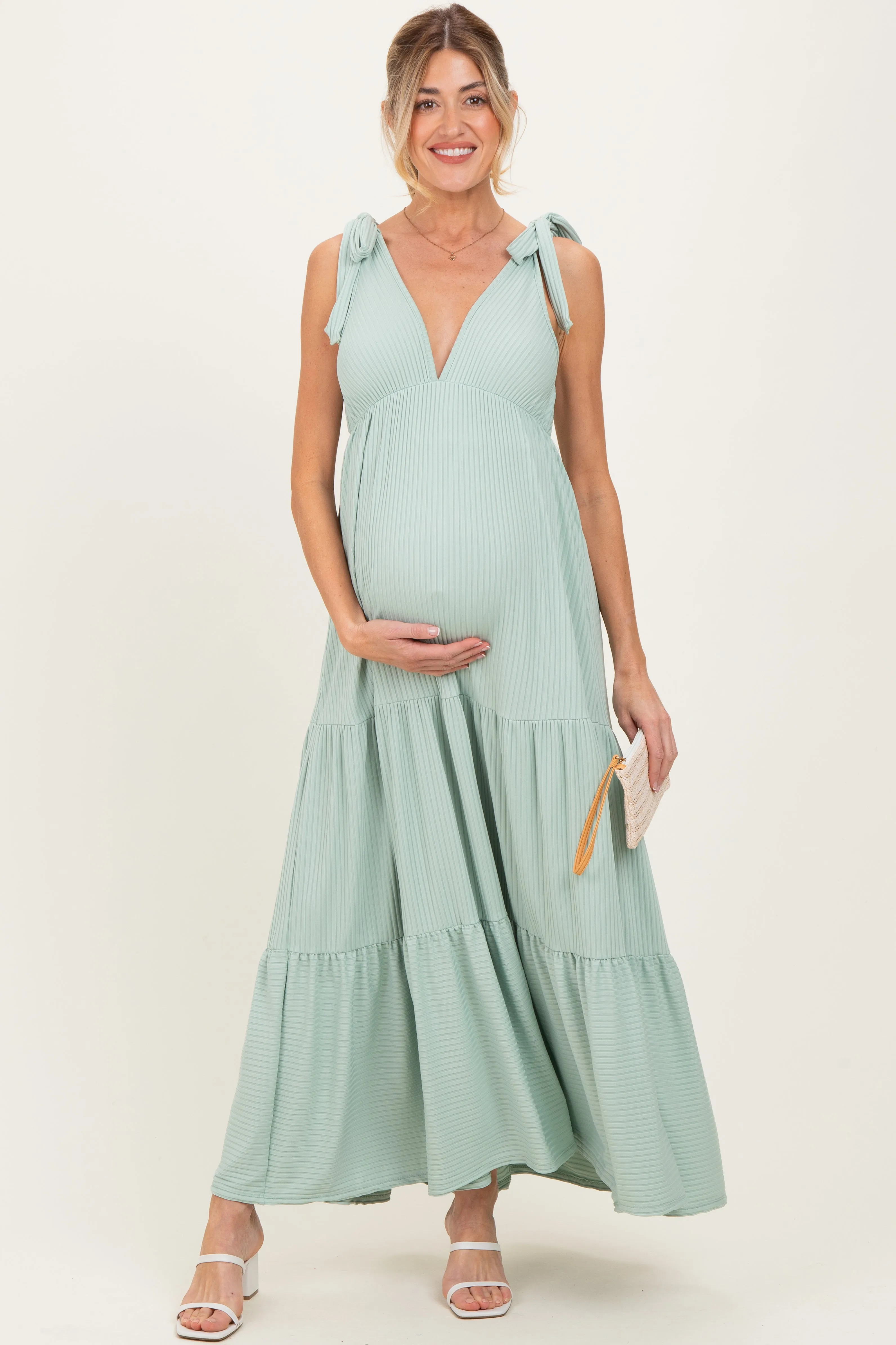 Sage Shoulder Tie Ribbed Tiered Maternity Maxi Dress sold by Pinkblush product image thumbnail 3