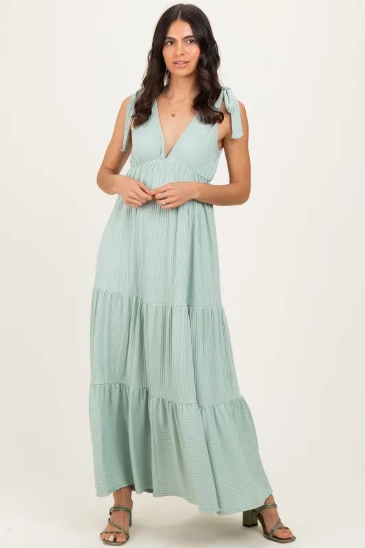 Sage Shoulder Tie Ribbed Tiered Maxi Dress made by Pinkblush