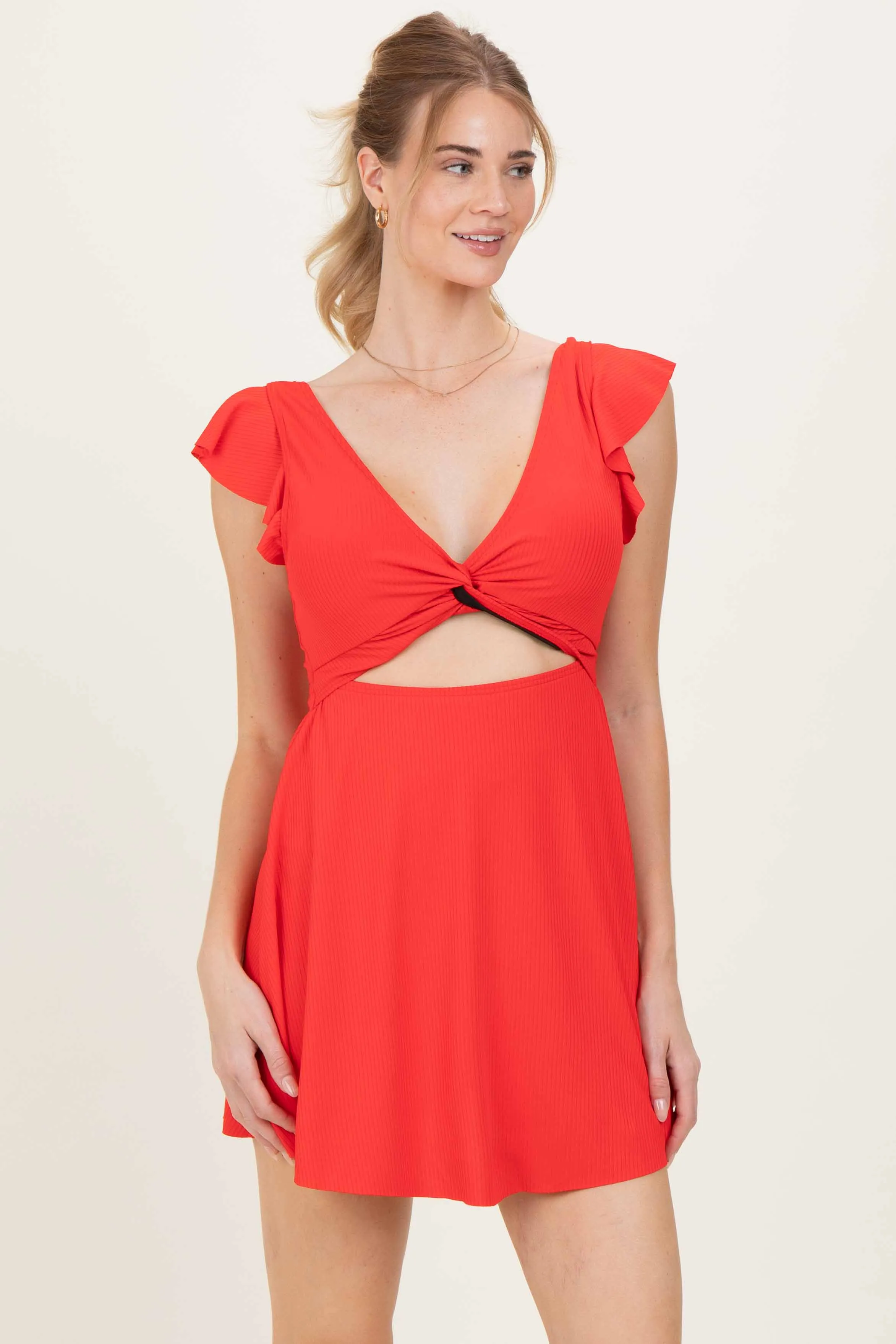 Red Ribbed Ruffle Twist Front Swim Dress sold by Pinkblush