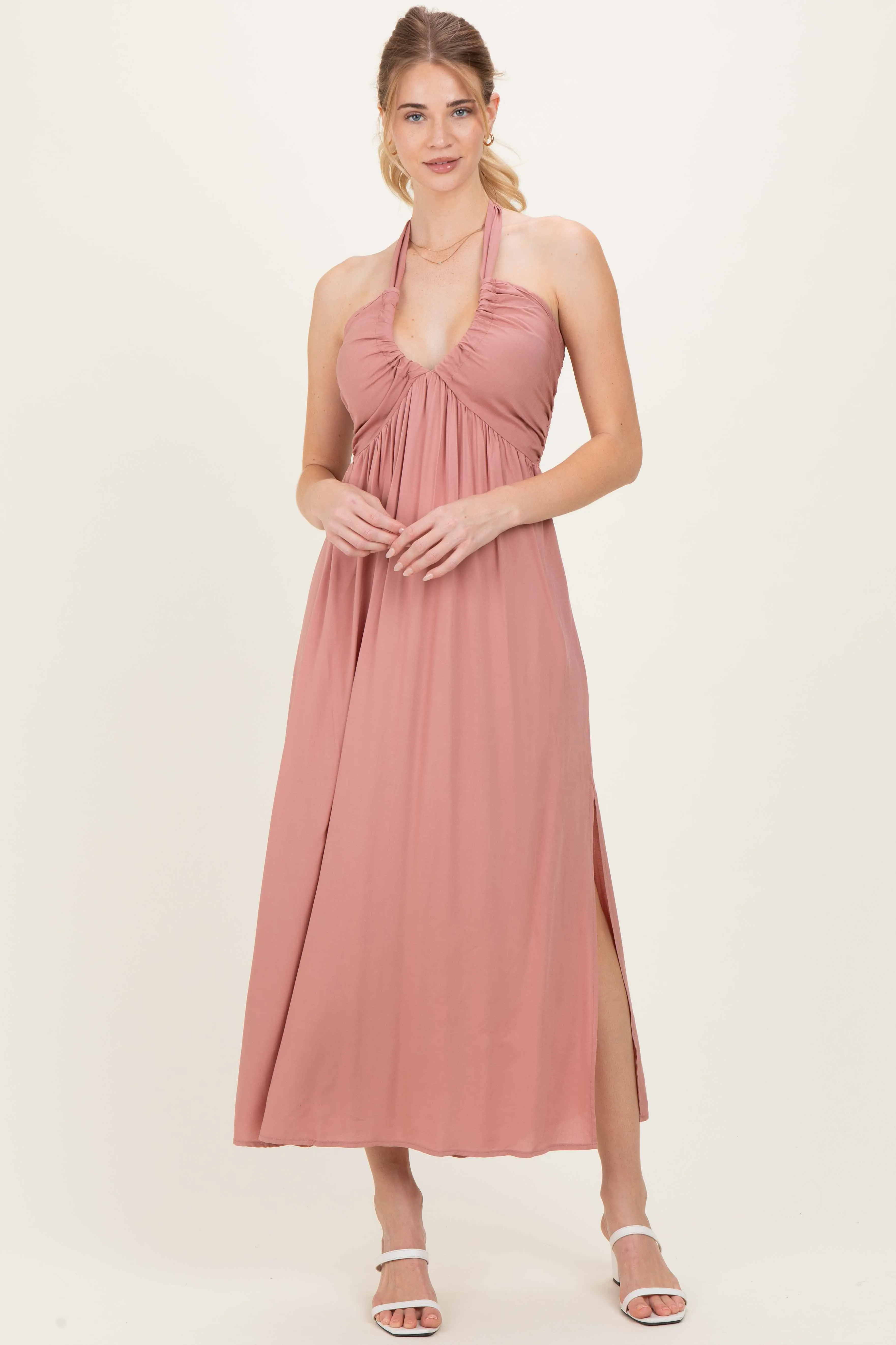 Mauve Halter Neck Side Slit Midi Dress sold by Pinkblush