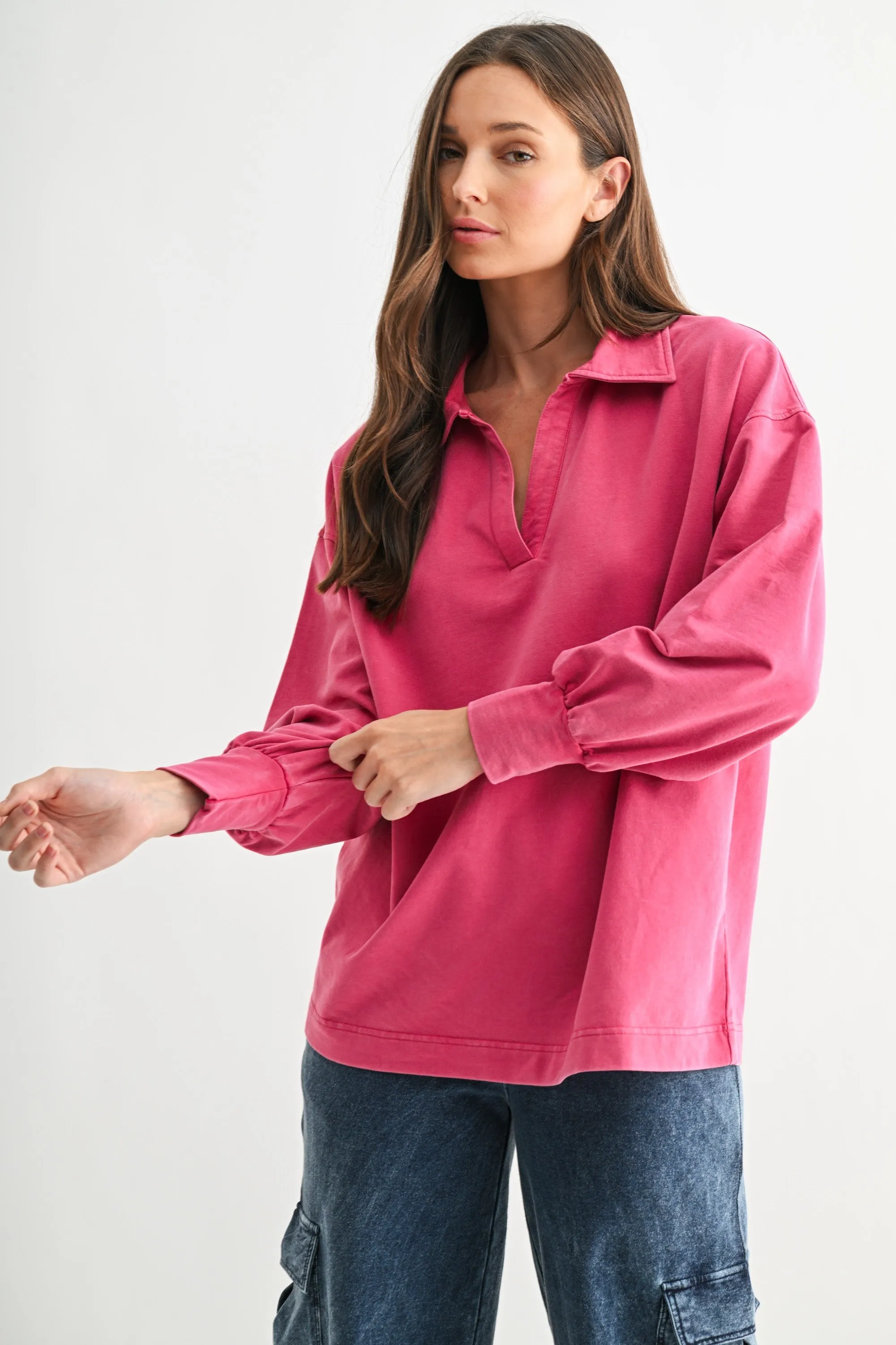 Magenta Sunfade Cotton Collared Long Sleeve Top sold by Pinkblush product image thumbnail 2