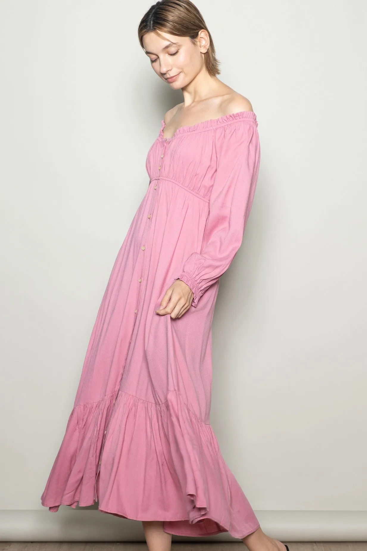 Pink Off Shoulder Button Accent Maxi Dress sold by Pinkblush product image thumbnail 2