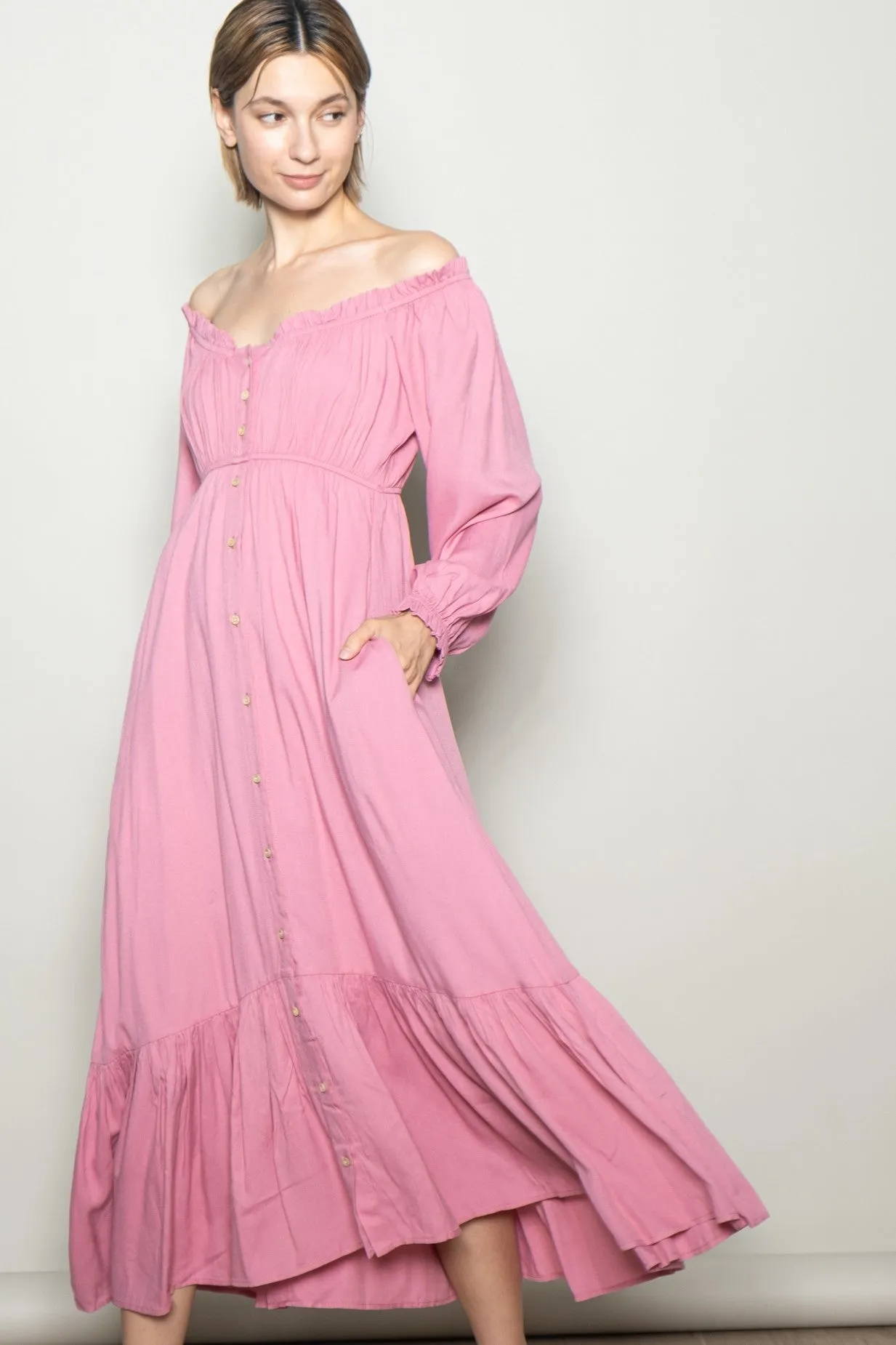 Pink Off Shoulder Button Accent Maxi Dress sold by Pinkblush