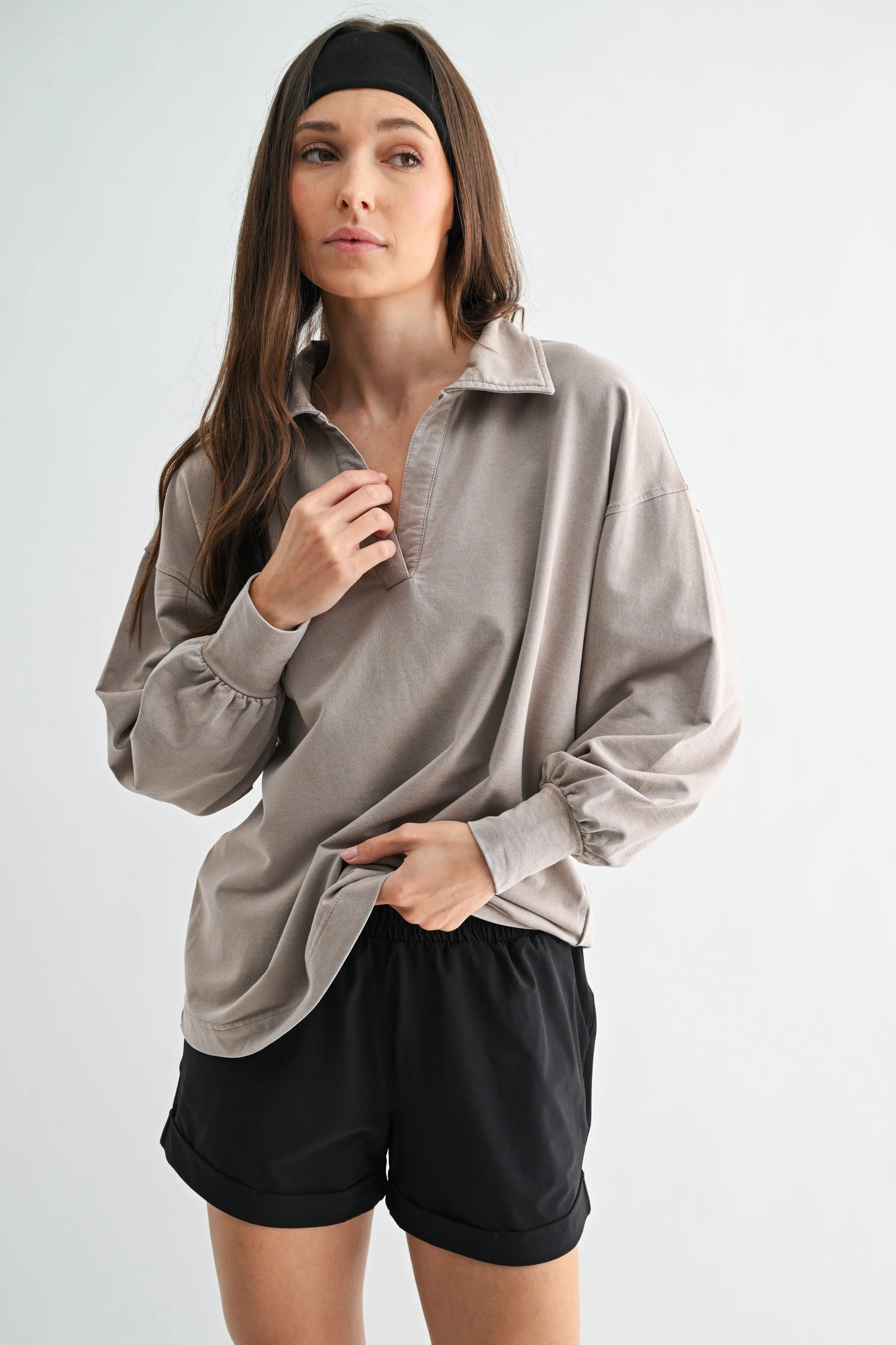 Taupe Sunfade Cotton Collared Long Sleeve Top sold by Pinkblush
