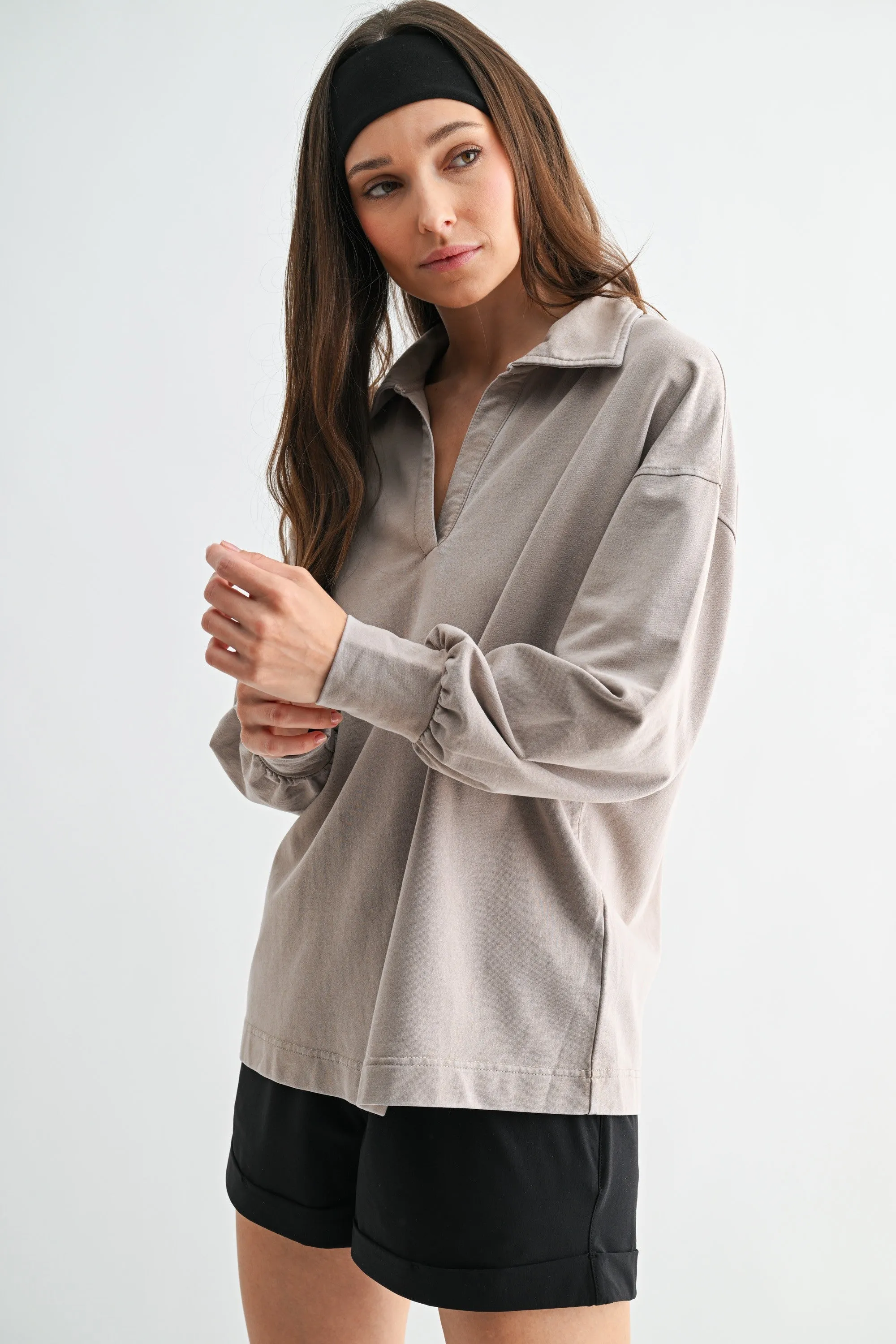 Taupe Sunfade Cotton Collared Long Sleeve Top sold by Pinkblush product image thumbnail 2