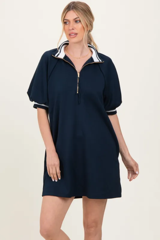 Navy Half Zip Puff Sleeve Mini Dress sold by Pinkblush