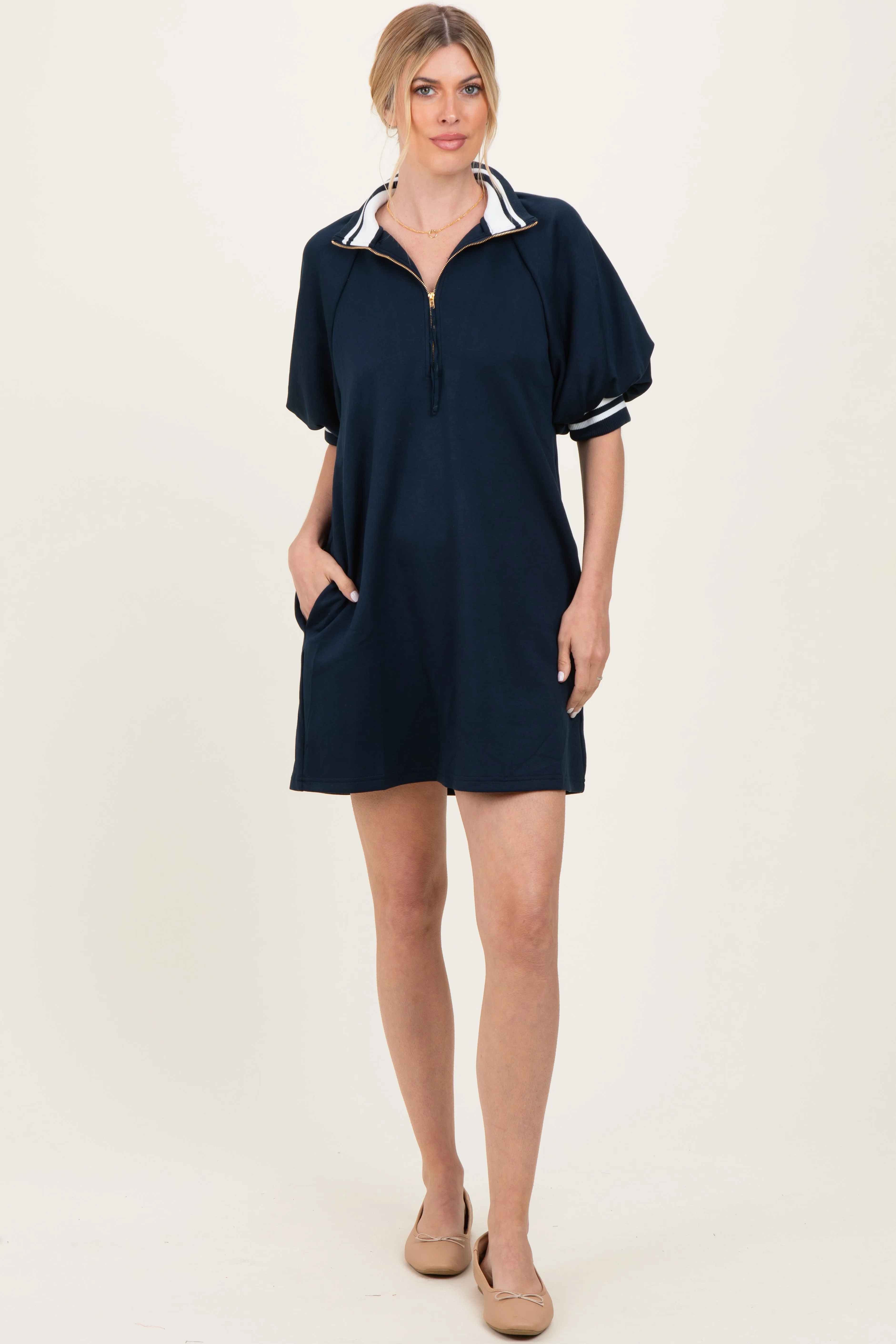 Navy Half Zip Puff Sleeve Mini Dress sold by Pinkblush product image thumbnail 2