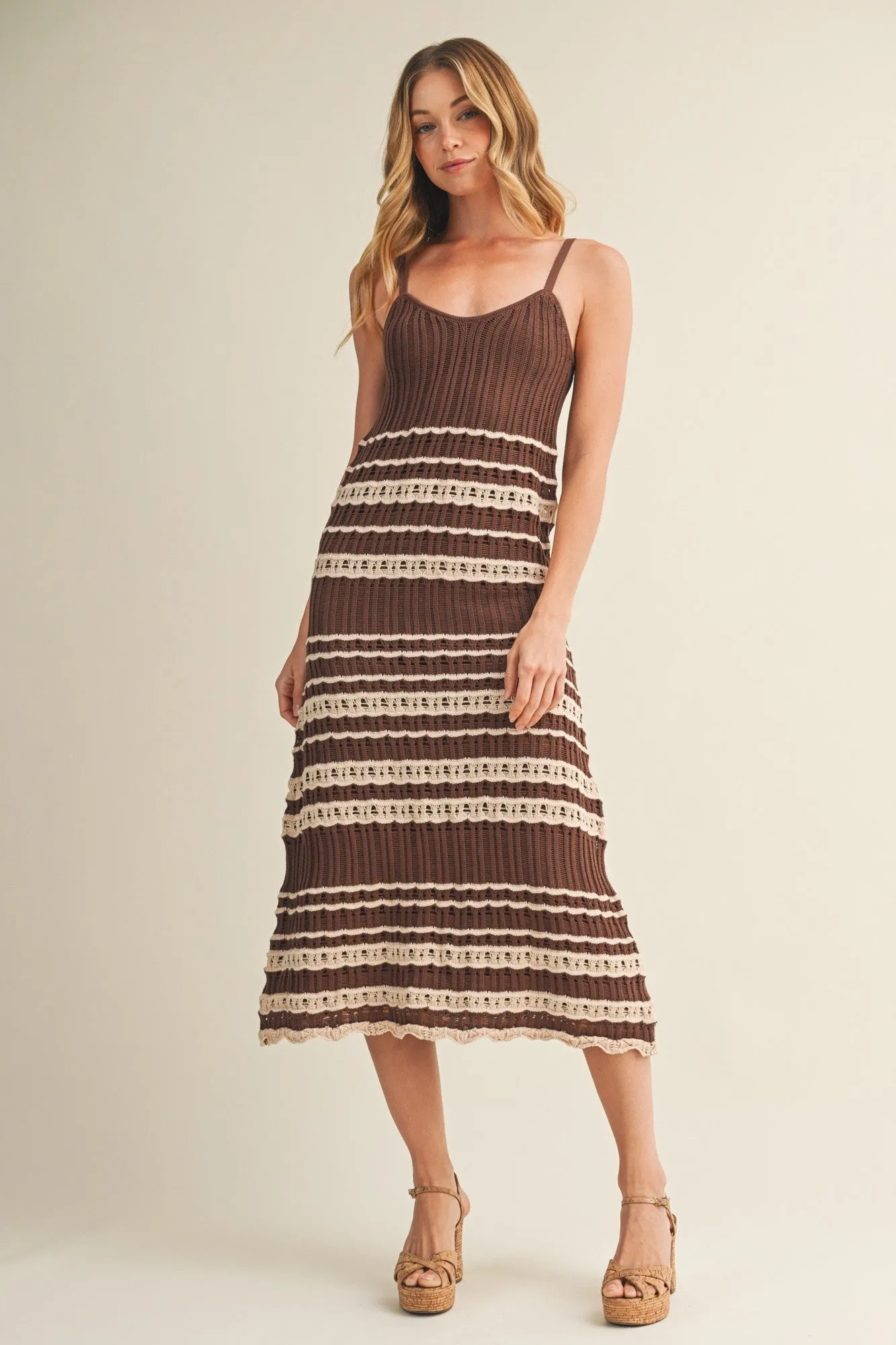 Chocolate Sleeveless Striped Crochet Dress sold by Pinkblush
