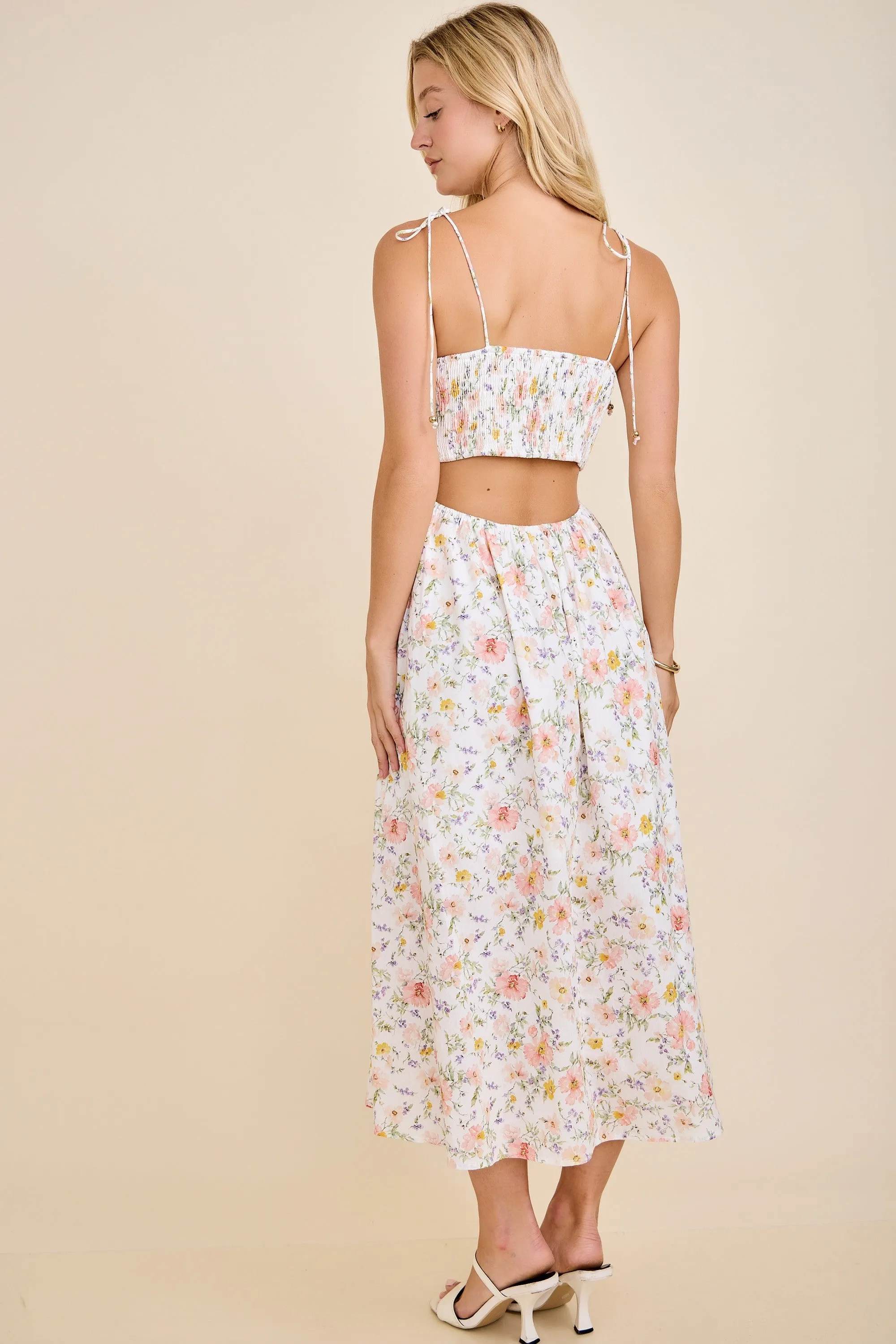 White Floral Shoulder Tie Cutout Midi Dress sold by Pinkblush product image thumbnail 4