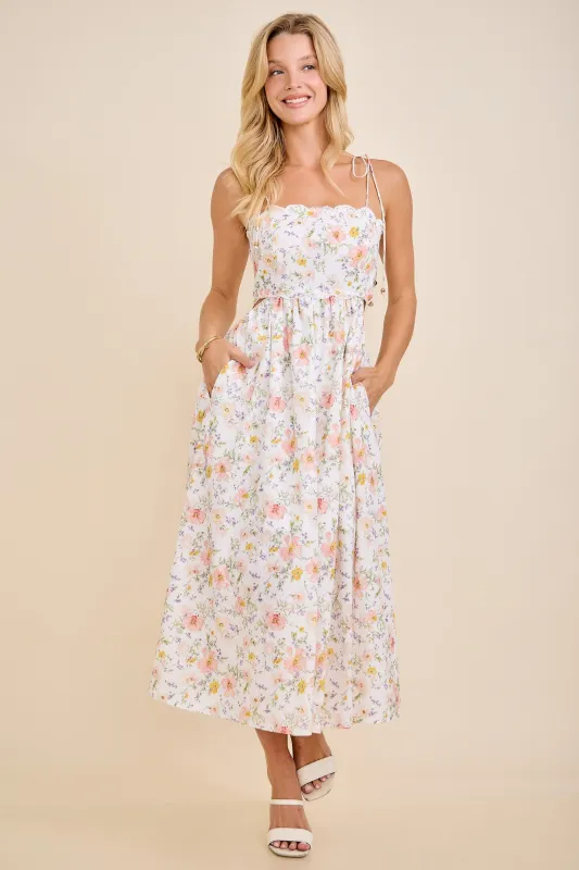 White Floral Shoulder Tie Cutout Midi Dress sold by Pinkblush