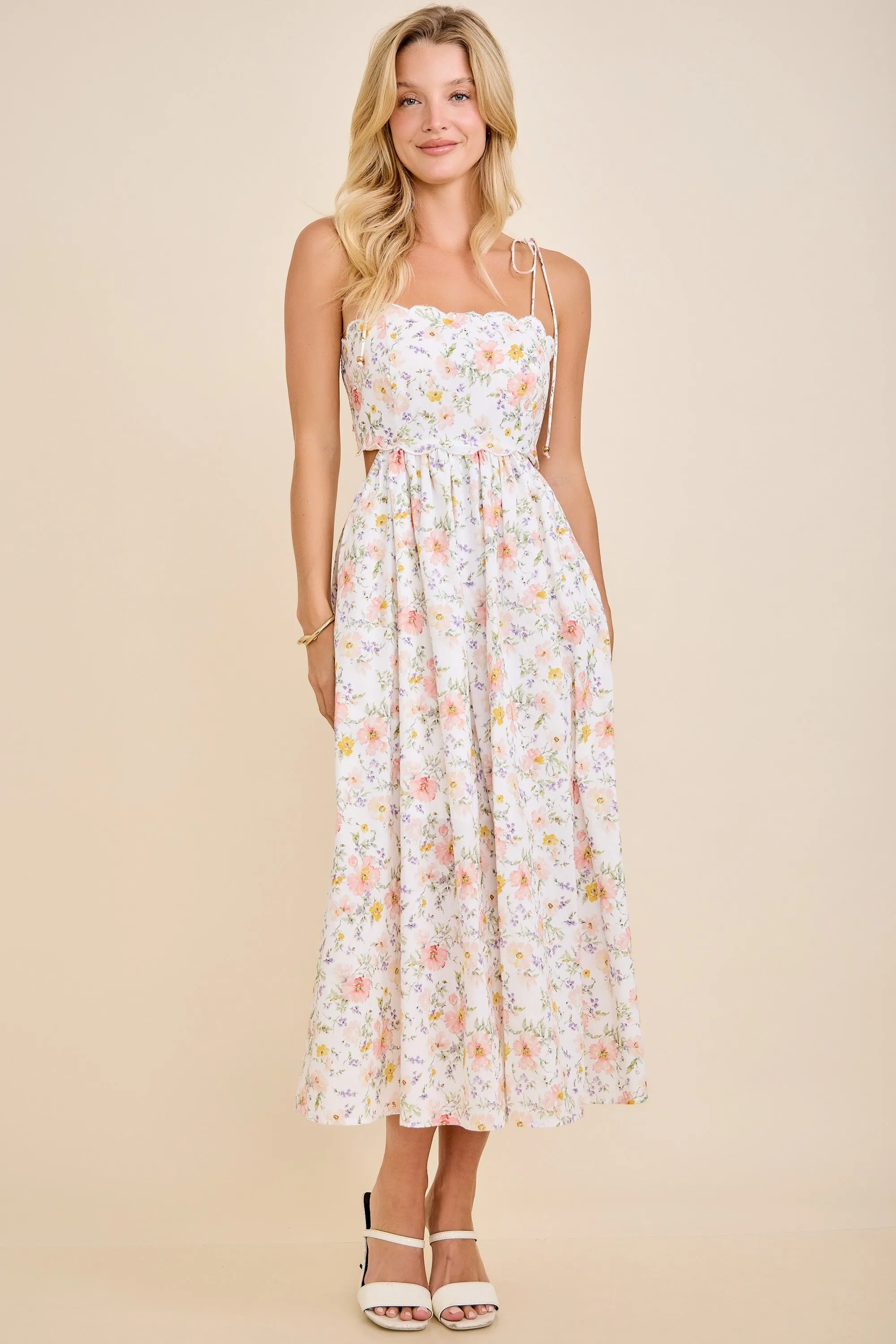 White Floral Shoulder Tie Cutout Midi Dress sold by Pinkblush product image thumbnail 2