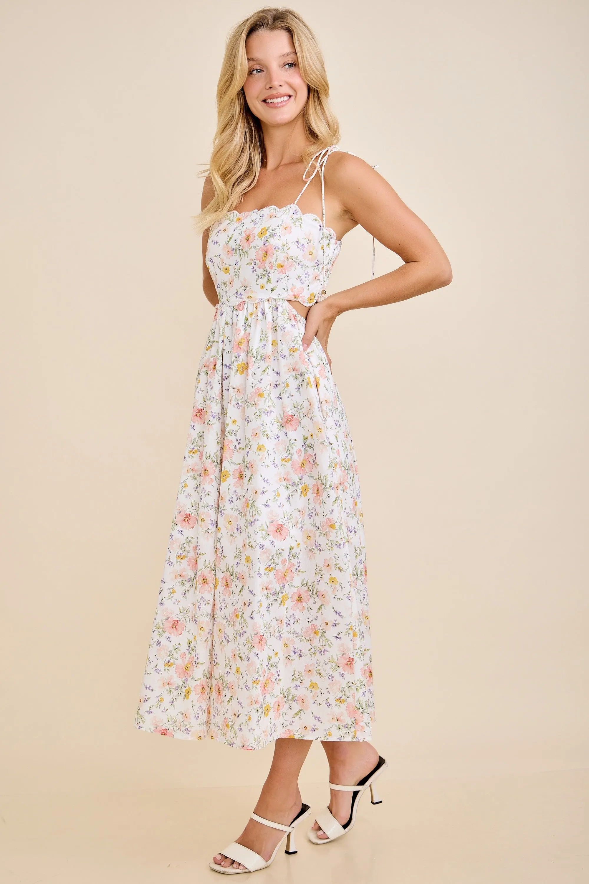 White Floral Shoulder Tie Cutout Midi Dress sold by Pinkblush product image thumbnail 3