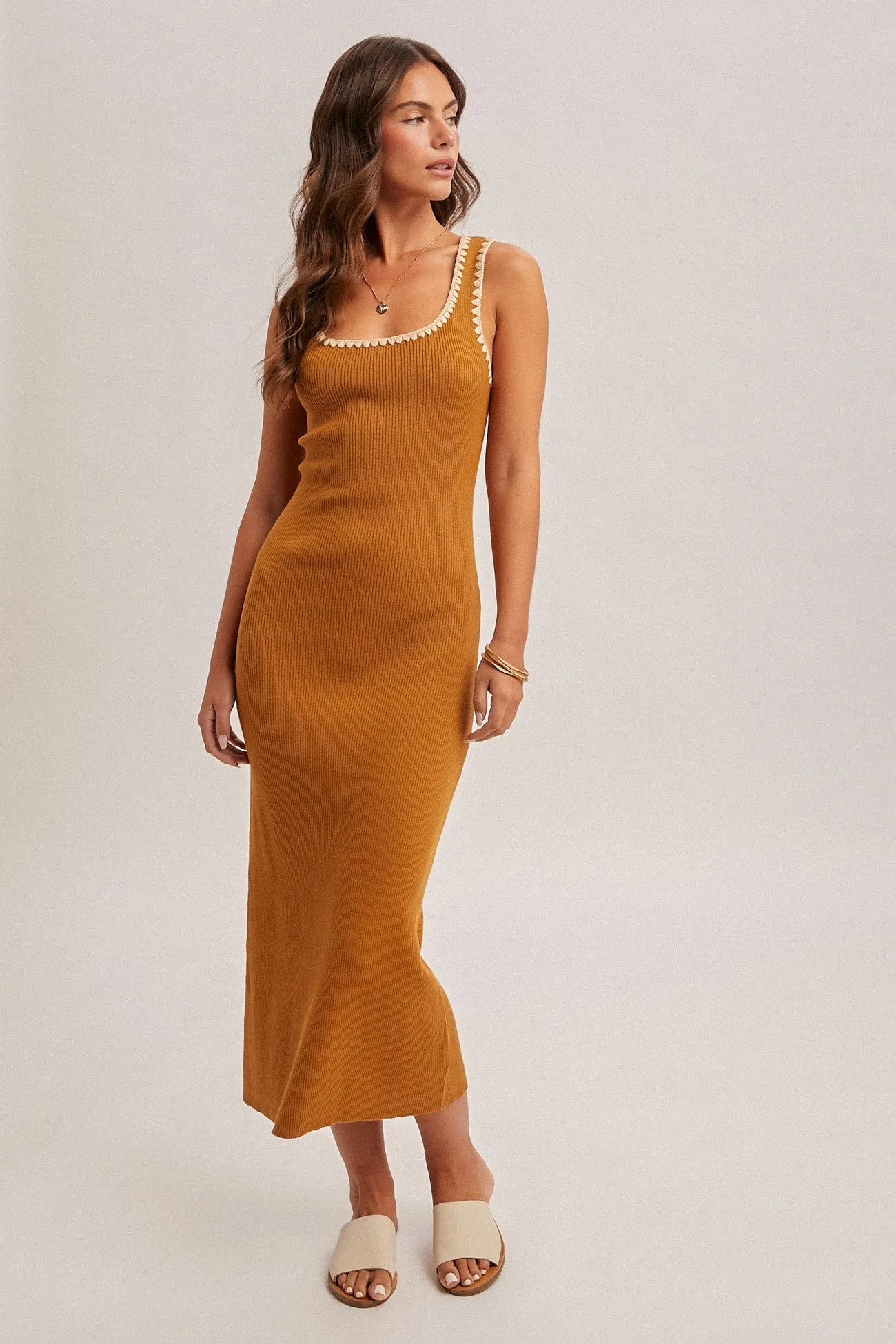 Mustard Contrast Stitch Detail Ribbed Sweater Dress sold by Pinkblush