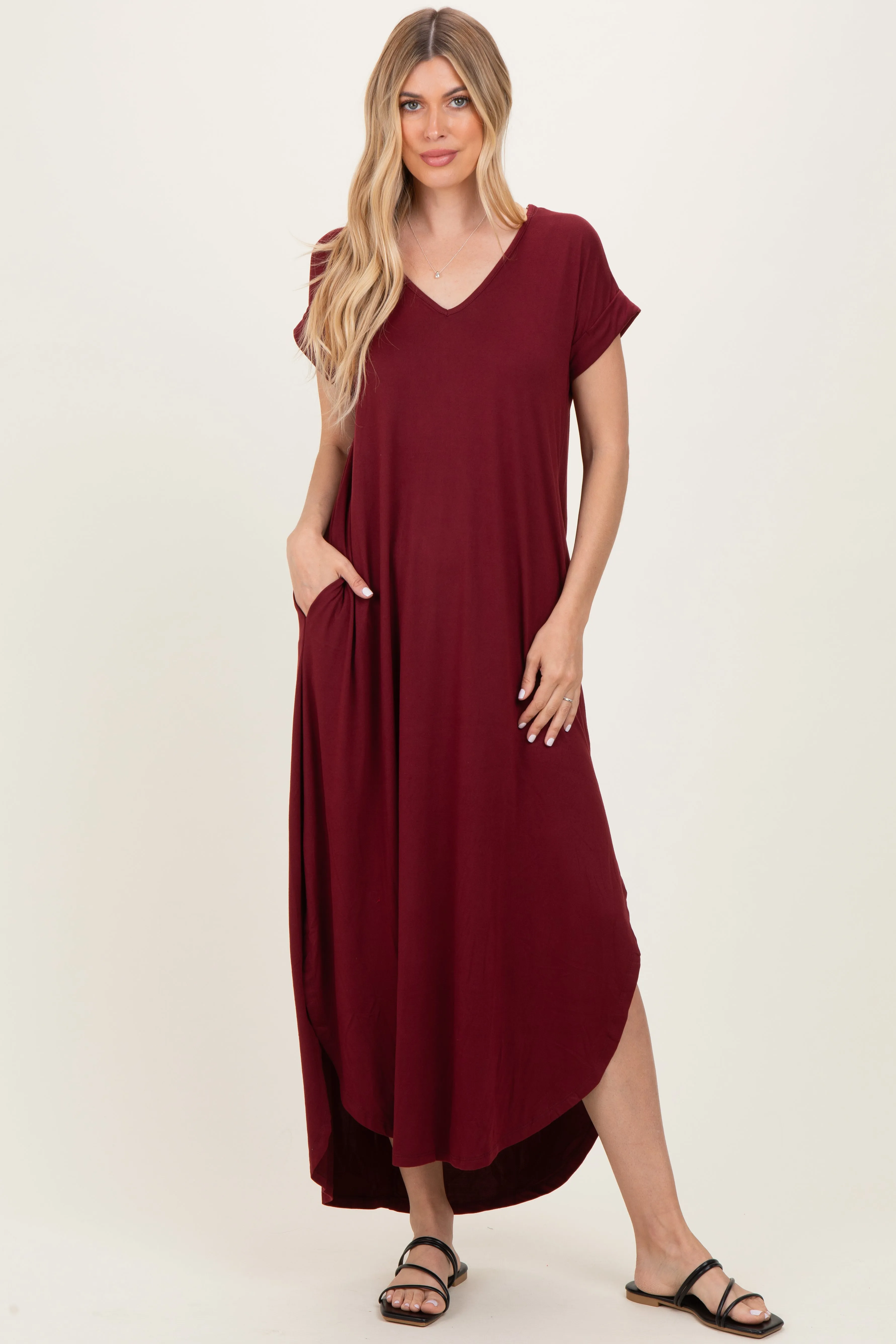 Dark Wine Side Slit Maxi Dress sold by Pinkblush