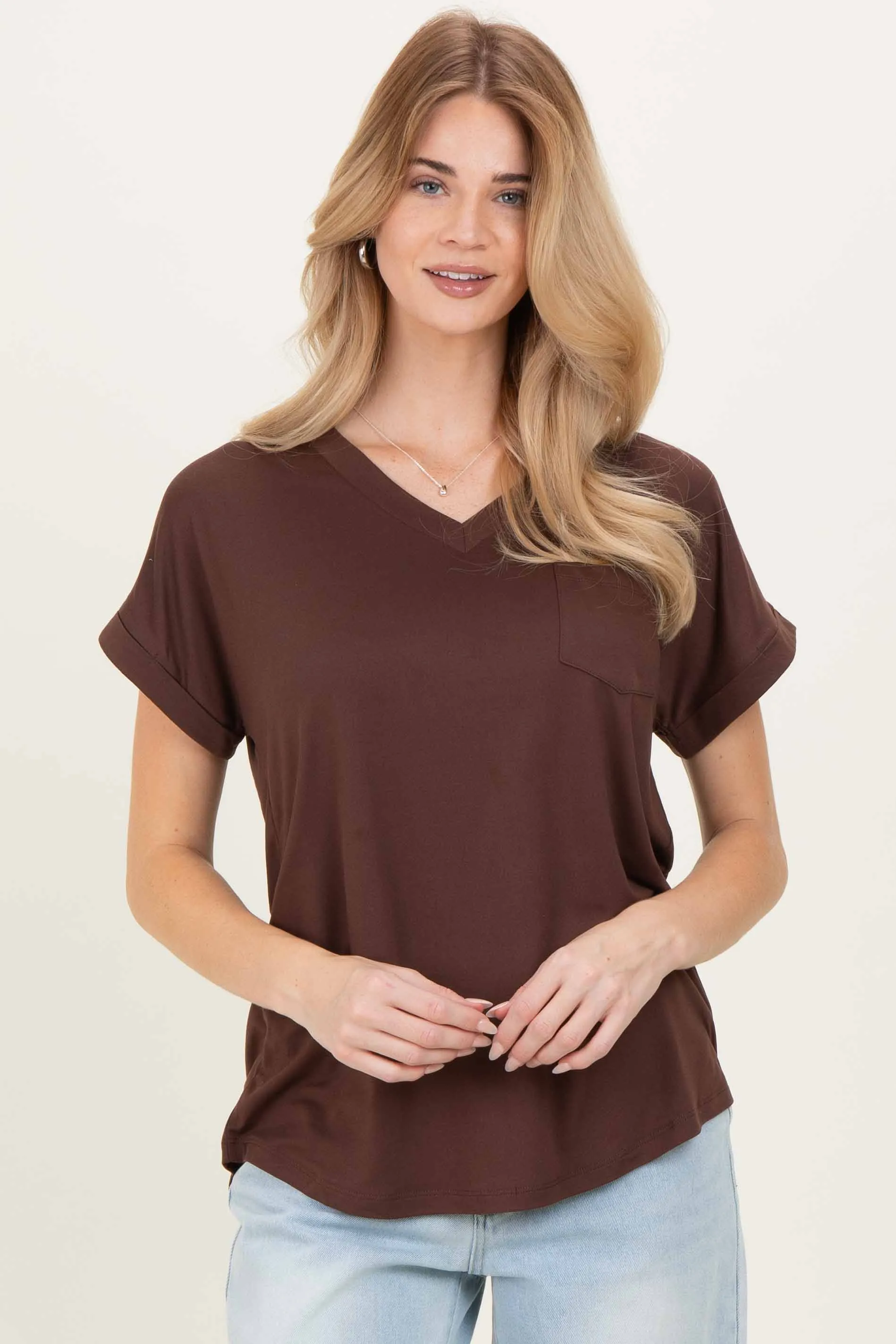 Brown V-Neck Pocket Short Sleeve Shirt sold by Pinkblush
