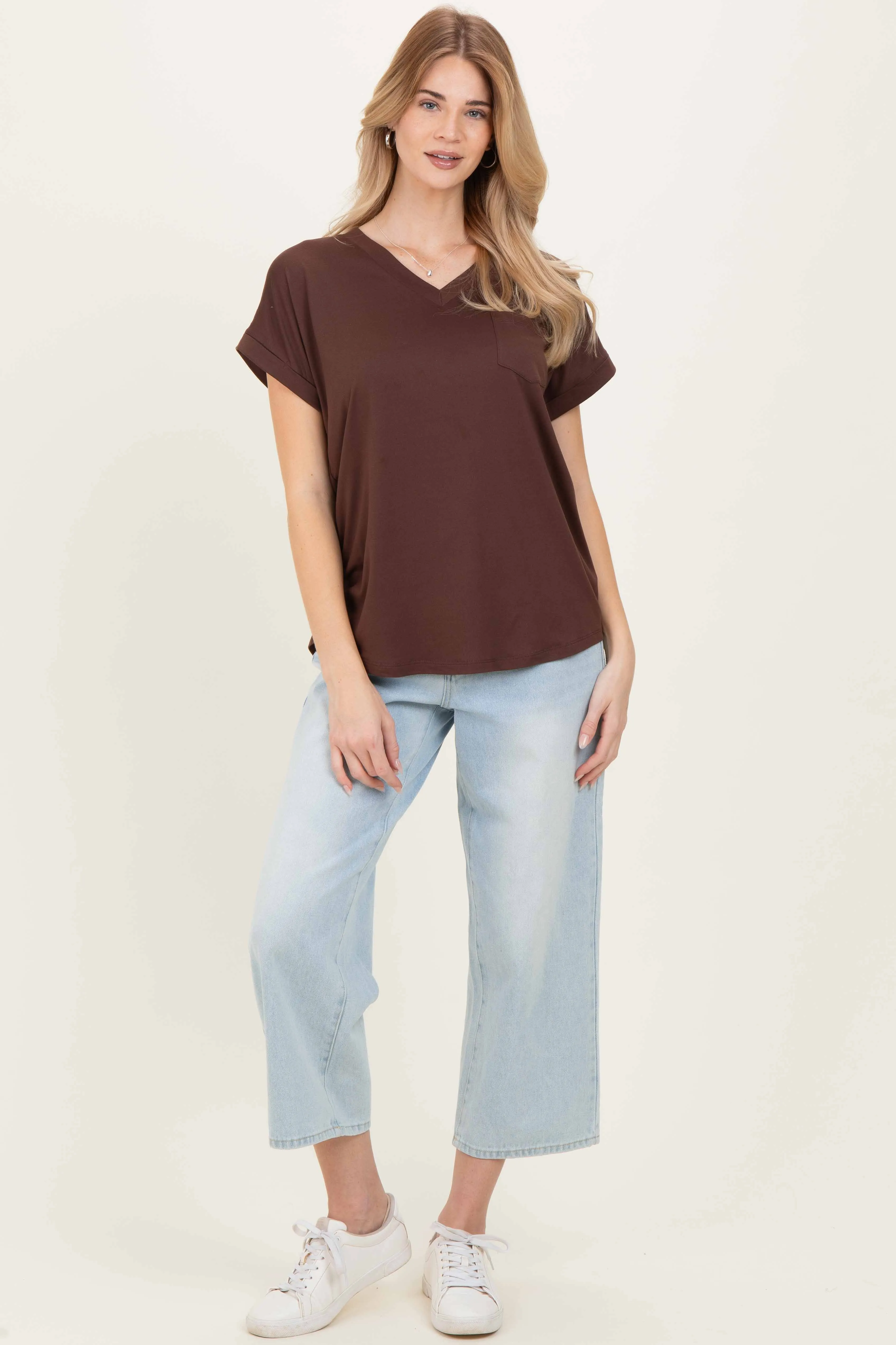 Brown V-Neck Pocket Short Sleeve Shirt sold by Pinkblush product image thumbnail 2