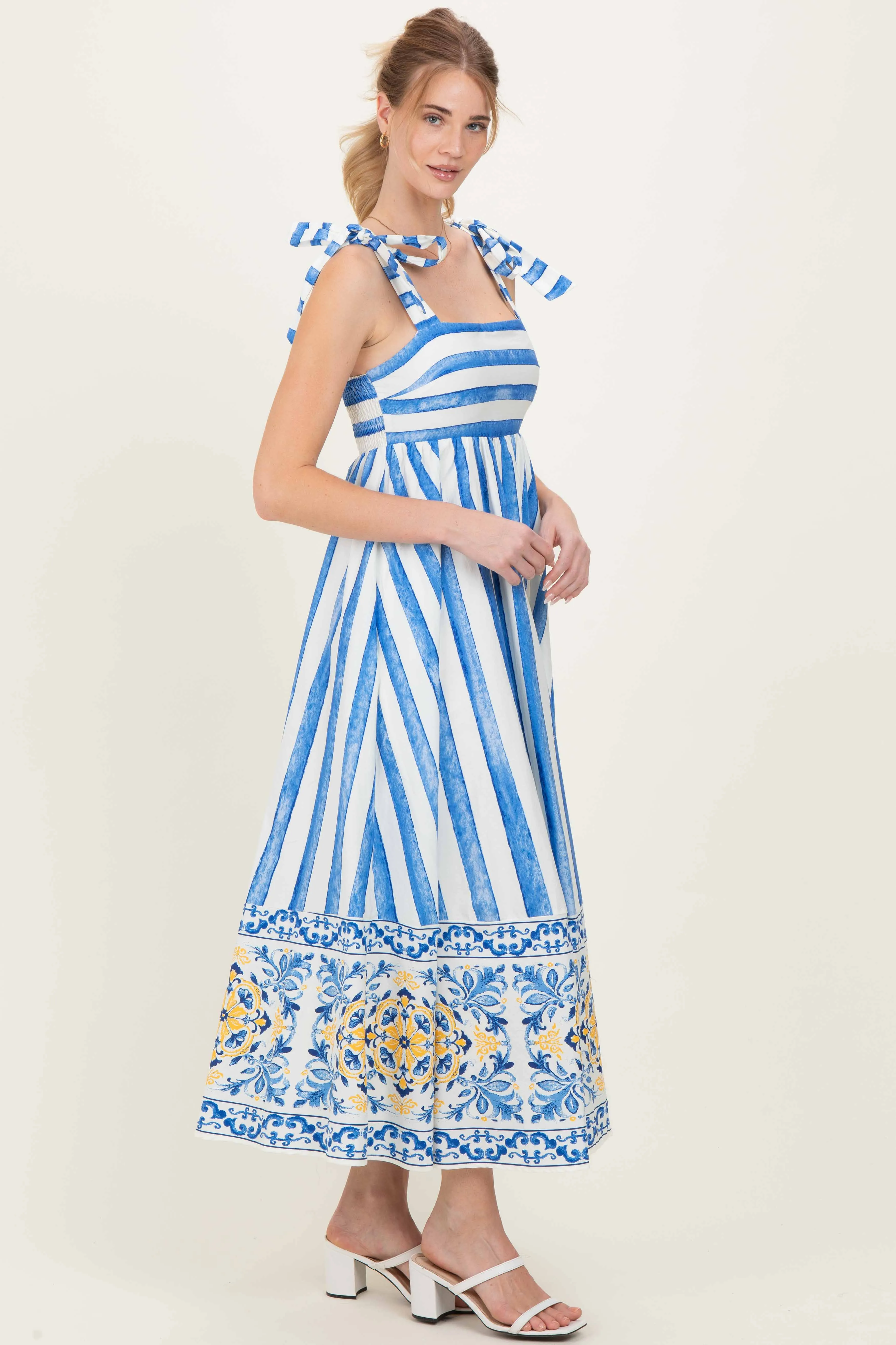 Blue Striped Shoulder Tie Printed Hem Midi Dress sold by Pinkblush product image thumbnail 2