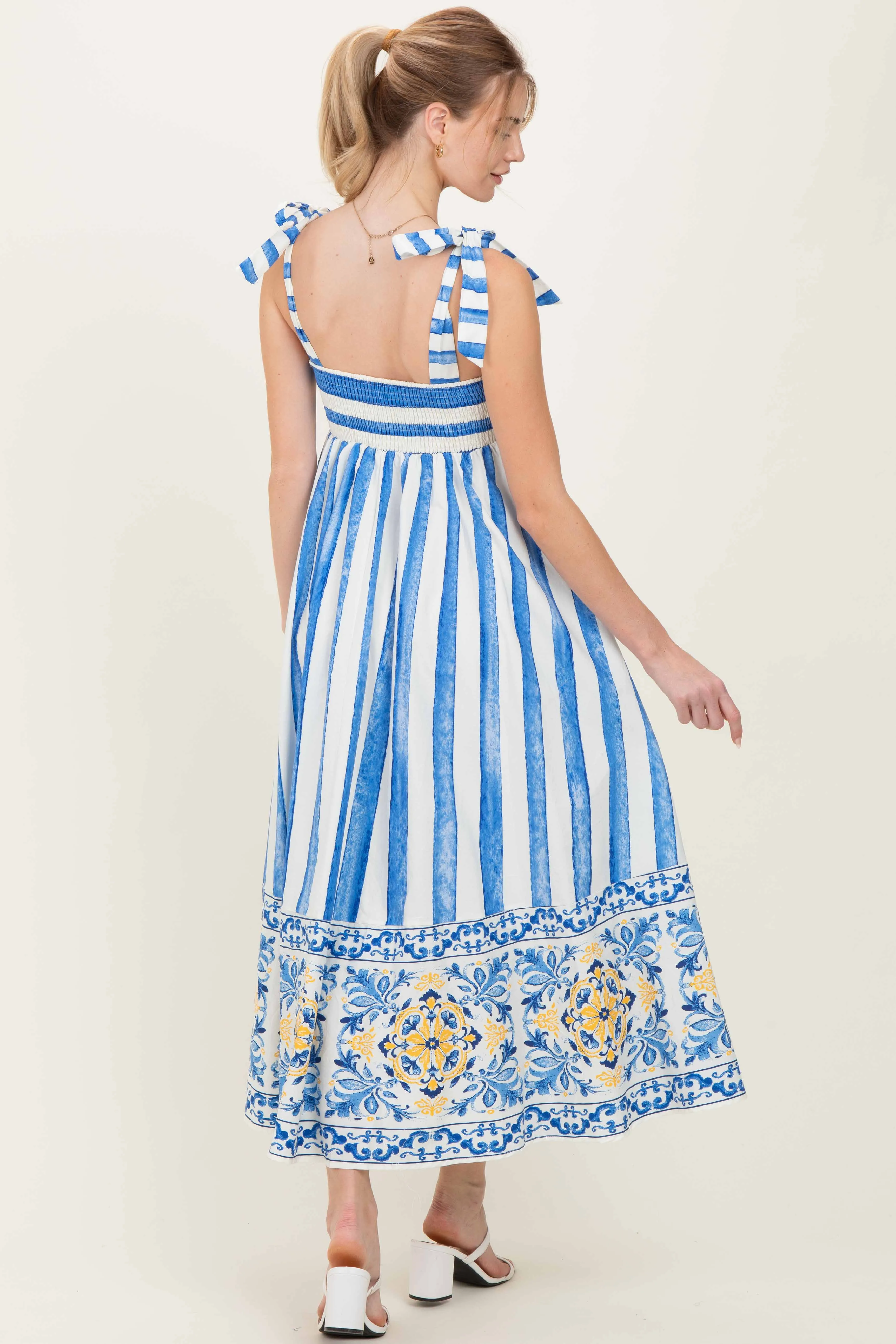 Blue Striped Shoulder Tie Printed Hem Midi Dress sold by Pinkblush product image thumbnail 3