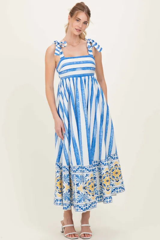 Blue Striped Shoulder Tie Printed Hem Midi Dress made by Flying Tomato