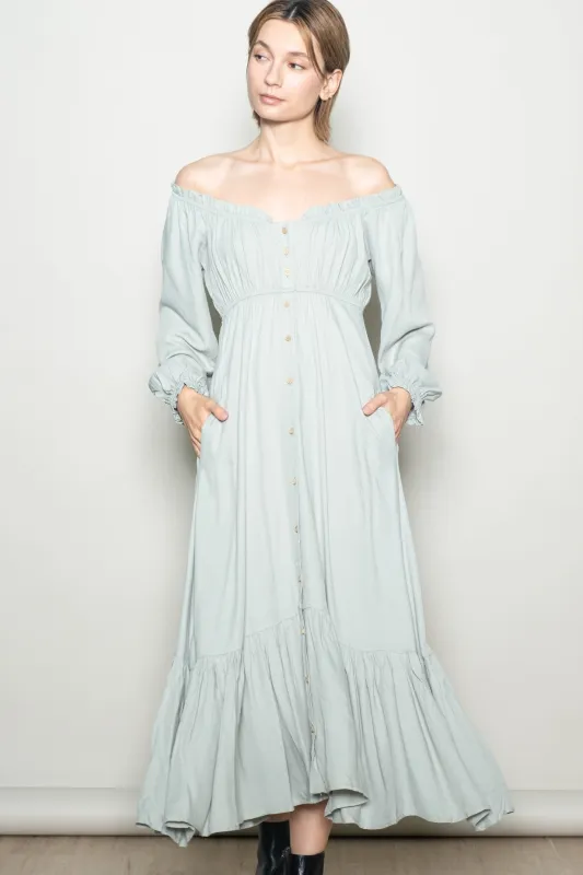 Sage Off Shoulder Button Accent Maxi Dress sold by Pinkblush