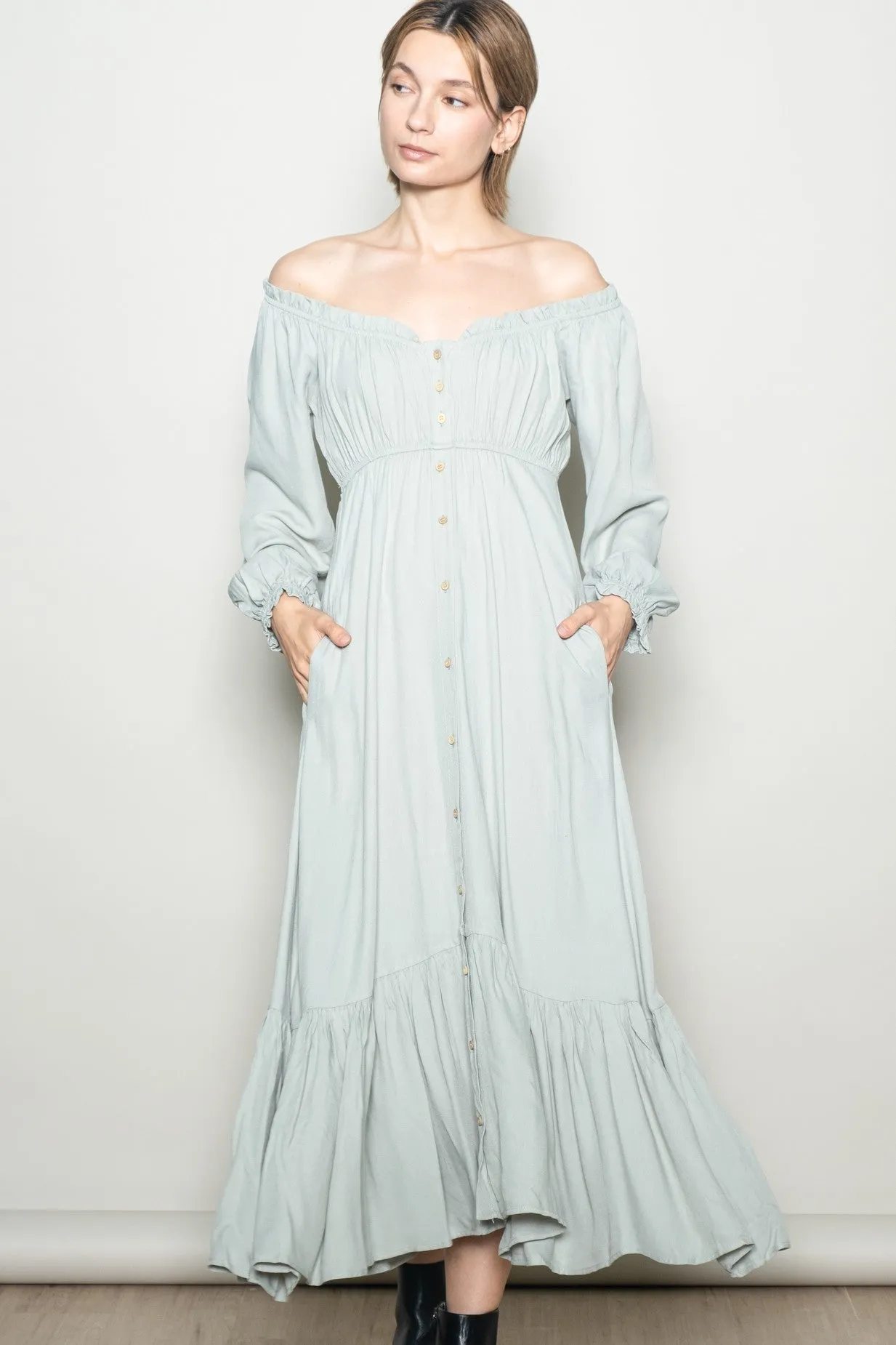 Sage Off Shoulder Button Accent Maxi Dress sold by Pinkblush