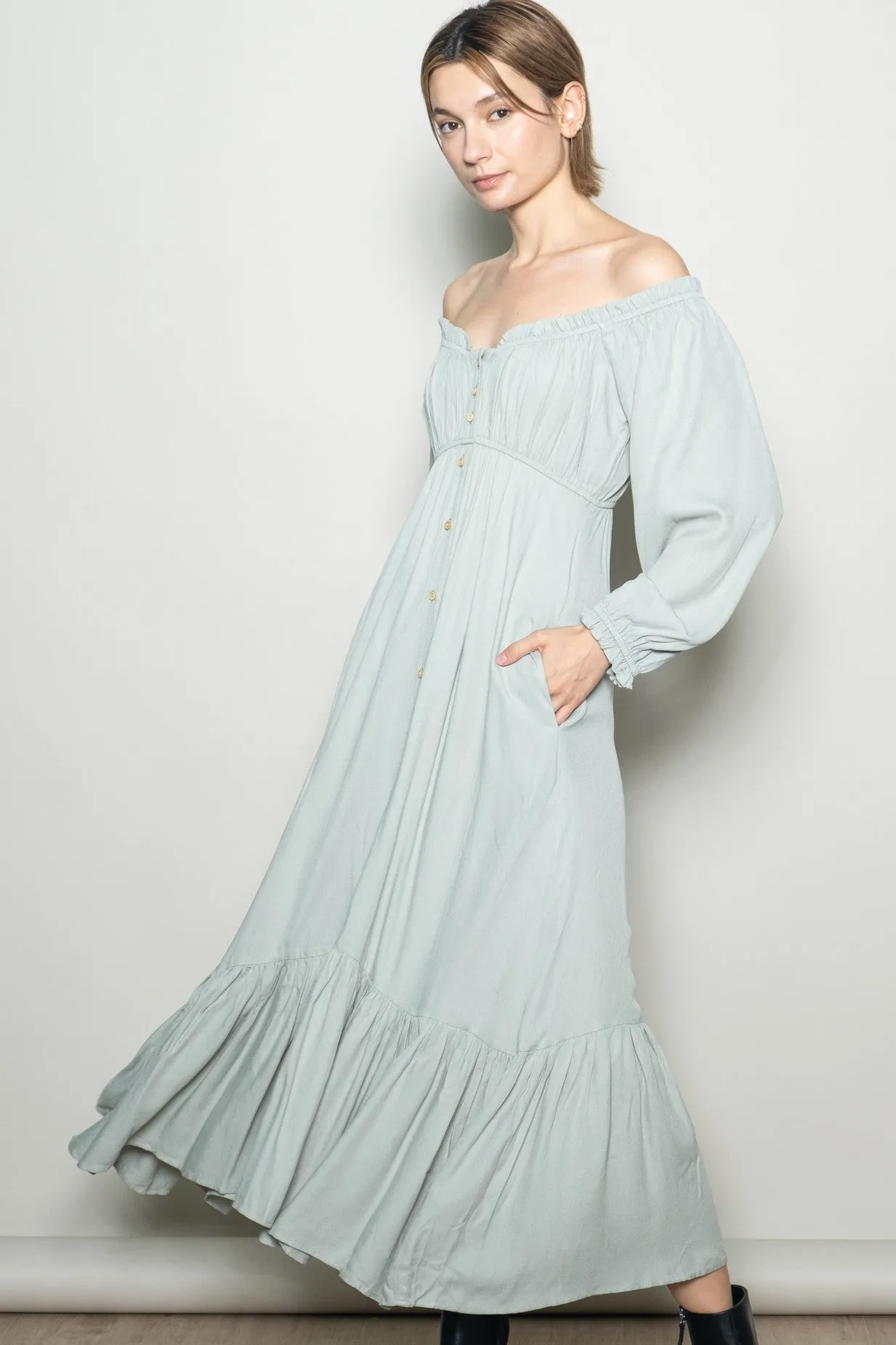 Sage Off Shoulder Button Accent Maxi Dress sold by Pinkblush product image thumbnail 2