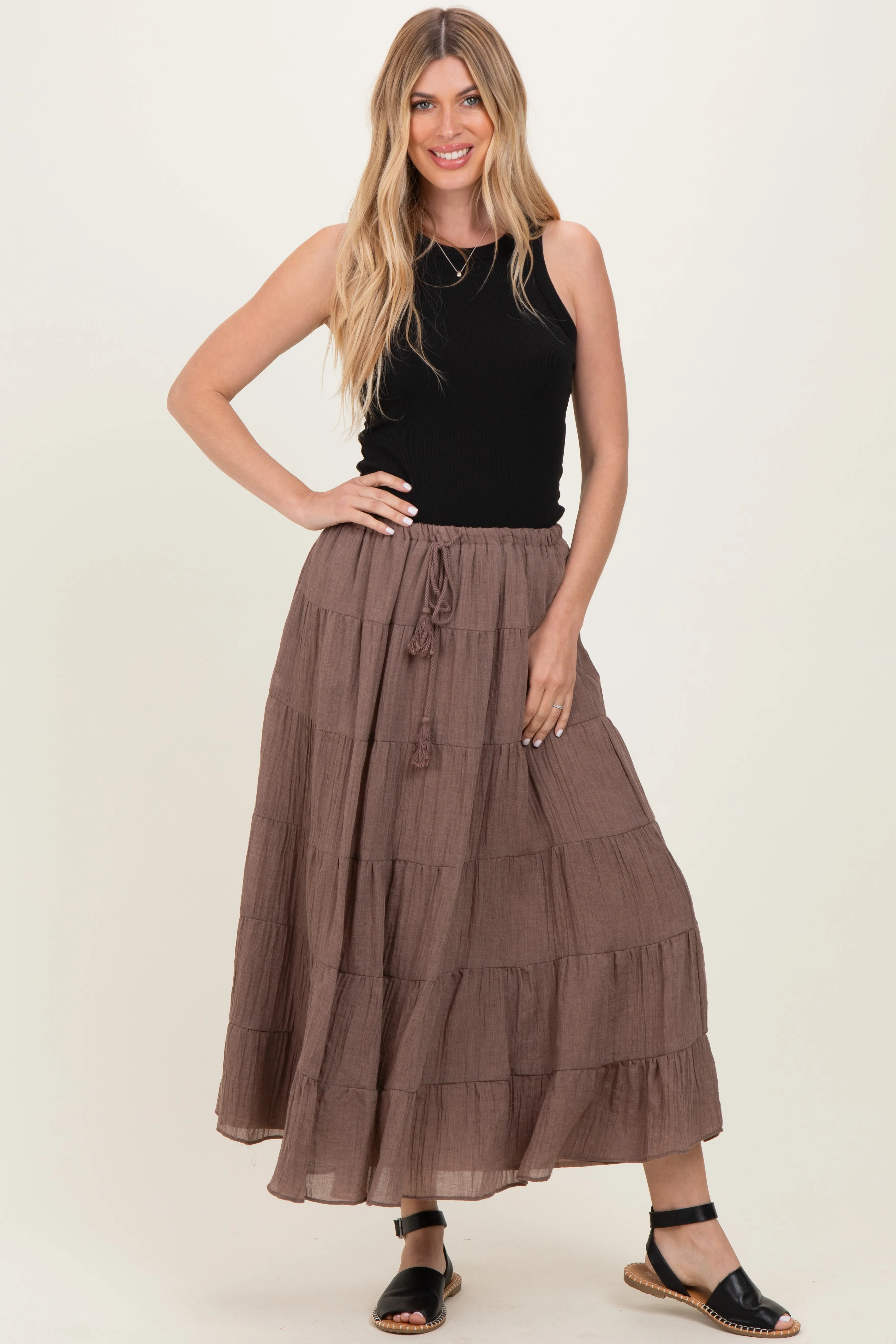 Mocha Tiered Drawstring Maxi Skirt sold by Pinkblush product image thumbnail 2