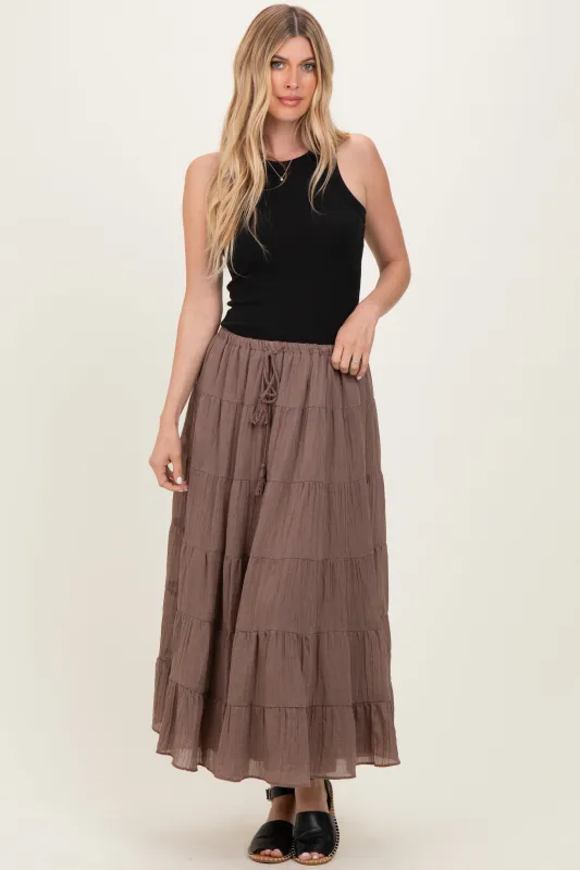 Mocha Tiered Drawstring Maxi Skirt sold by Pinkblush