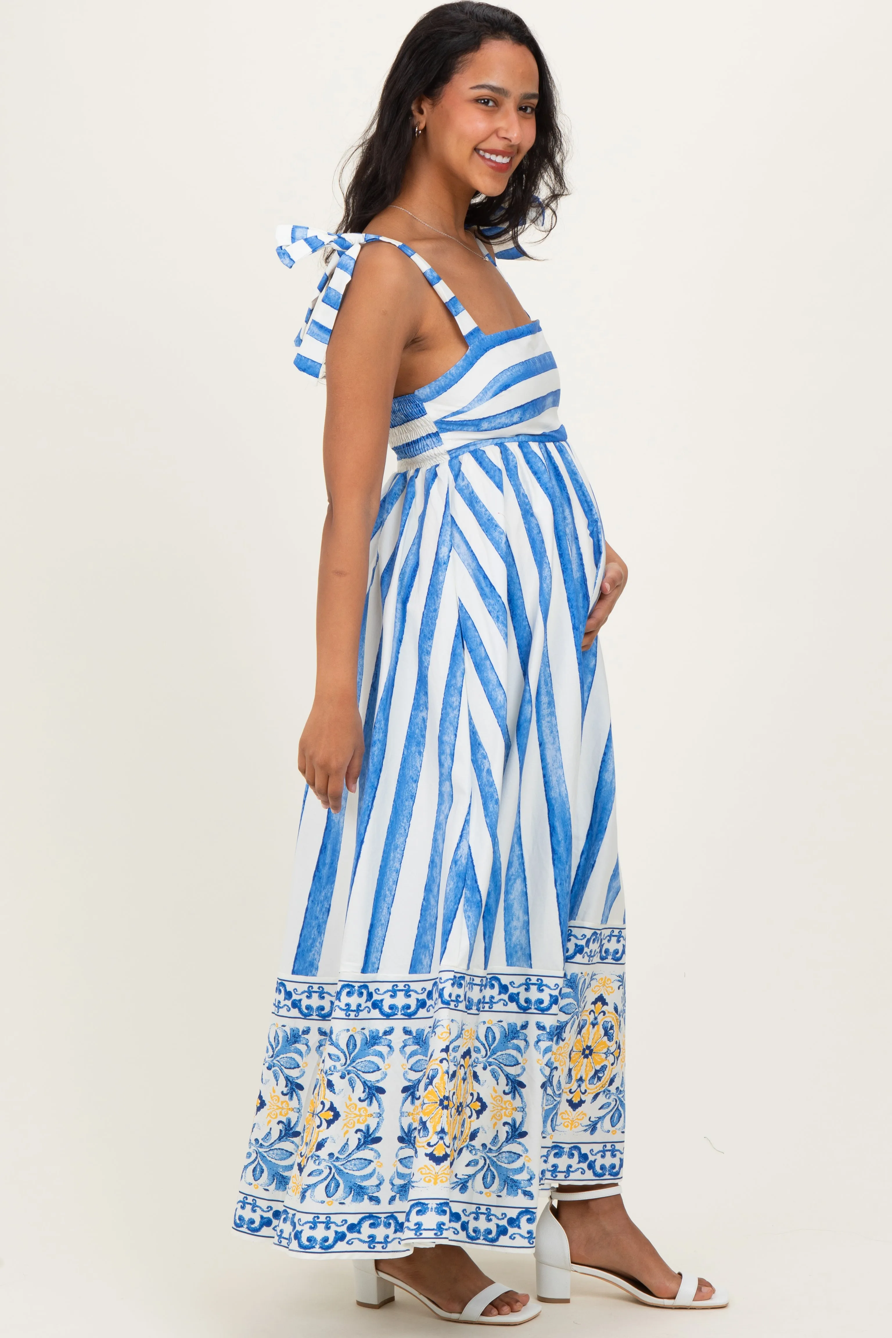 Blue Striped Shoulder Tie Printed Hem Maternity Midi Dress sold by Pinkblush product image thumbnail 2
