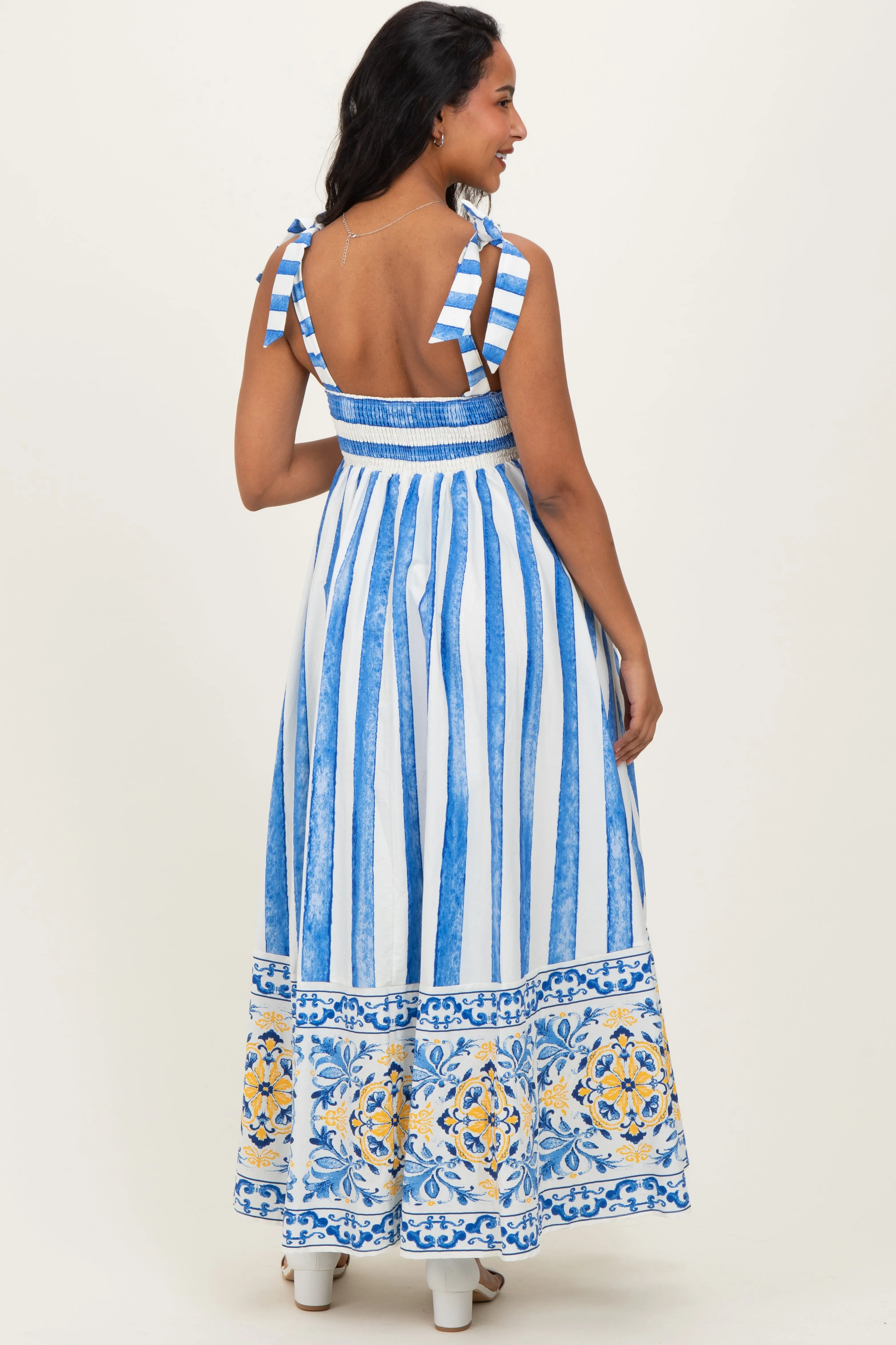 Blue Striped Shoulder Tie Printed Hem Maternity Midi Dress sold by Pinkblush product image thumbnail 3