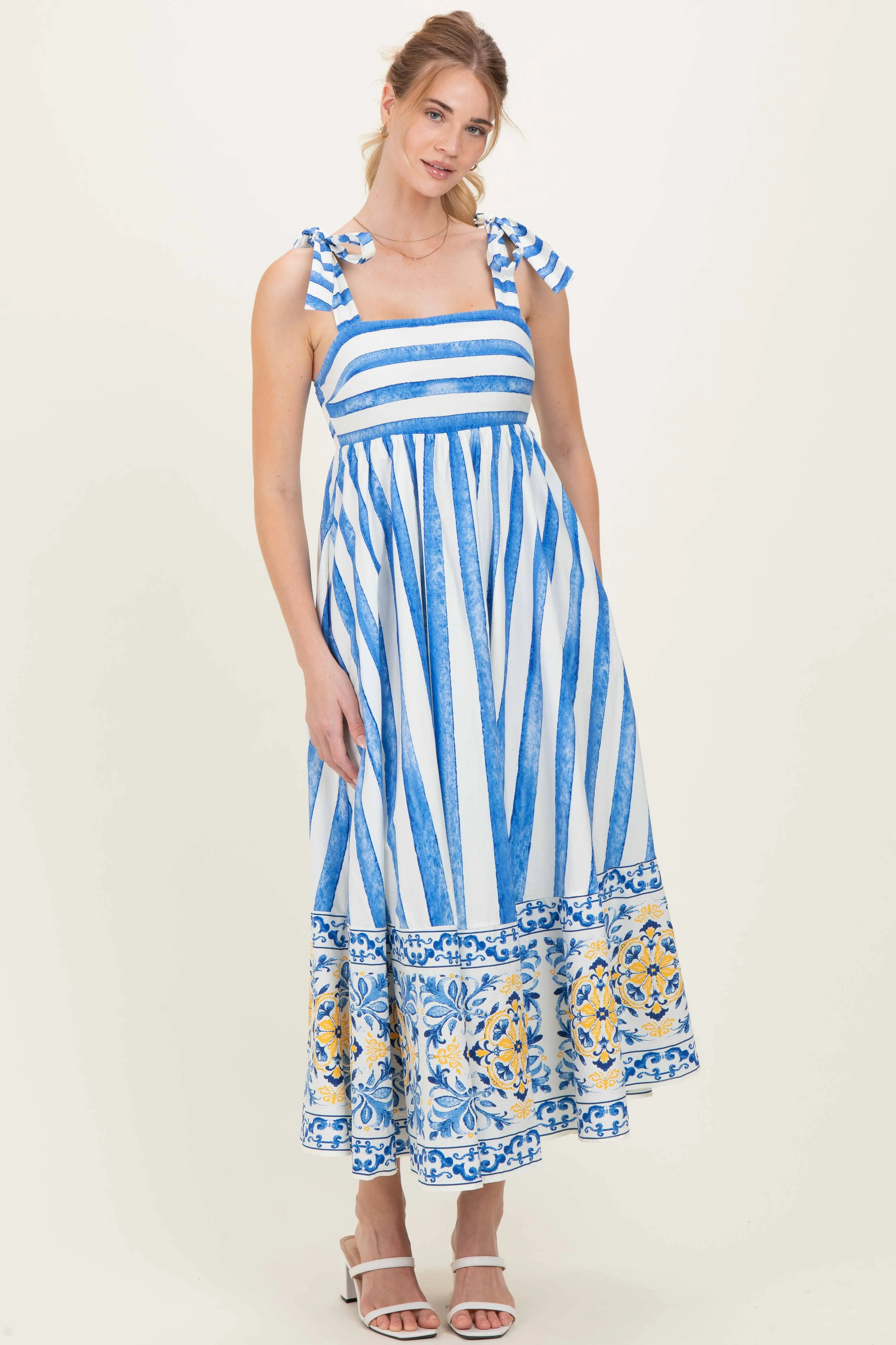 Blue Striped Shoulder Tie Printed Hem Maternity Midi Dress sold by Pinkblush product image thumbnail 4