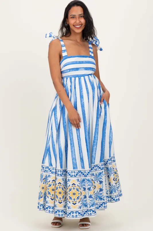 Blue Striped Shoulder Tie Printed Hem Maternity Midi Dress sold by Pinkblush