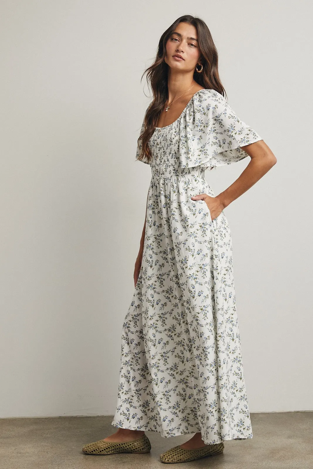 Off White Floral Smocked Flutter Sleeve Midi Dress sold by Pinkblush product image thumbnail 3