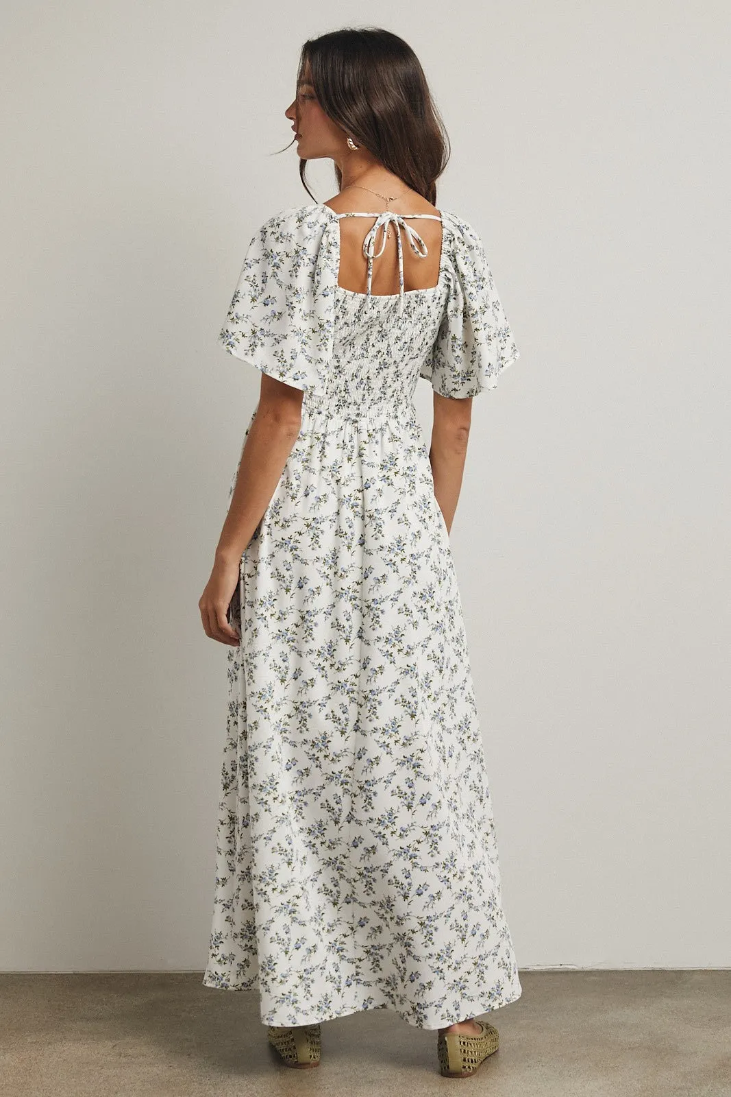Off White Floral Smocked Flutter Sleeve Midi Dress sold by Pinkblush product image thumbnail 4