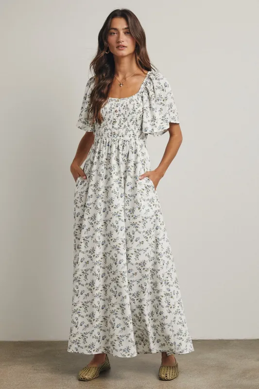 Off White Floral Smocked Flutter Sleeve Midi Dress sold by Pinkblush
