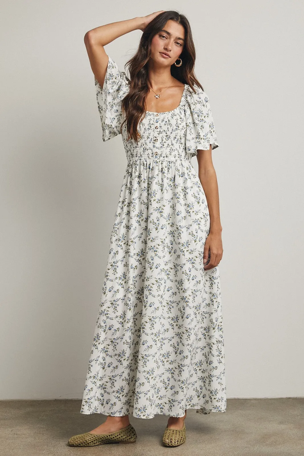 Off White Floral Smocked Flutter Sleeve Midi Dress sold by Pinkblush product image thumbnail 2