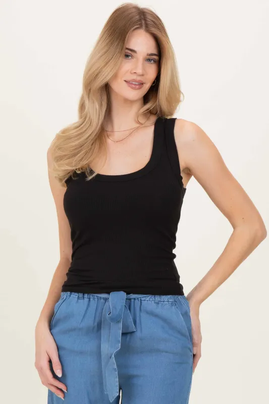 Black Ribbed Scoop Neck Tank Top sold by Pinkblush
