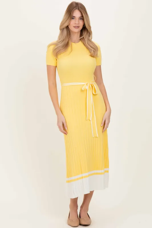 Yellow Knit Pleated Sash Tie Midi Dress sold by Pinkblush