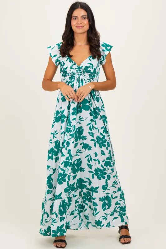 White Floral Smocked Cinched Top Maxi Dress sold by Pinkblush