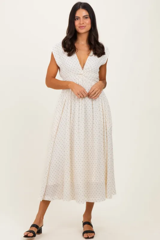 Cream Polka Dot Twisted Detail V Neck Maxi Dress sold by Pinkblush