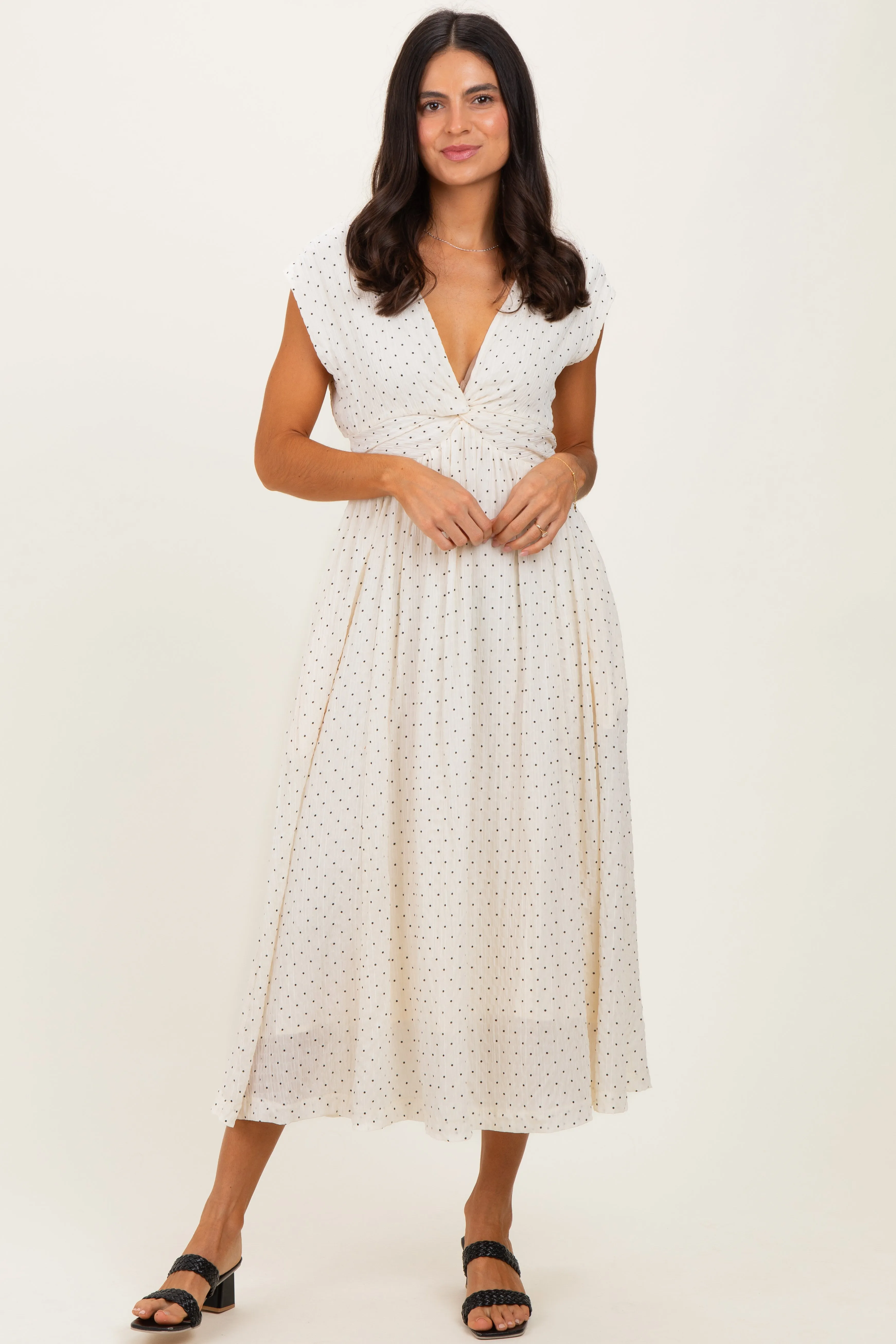 Cream Polka Dot Twisted Detail V Neck Maxi Dress sold by Pinkblush