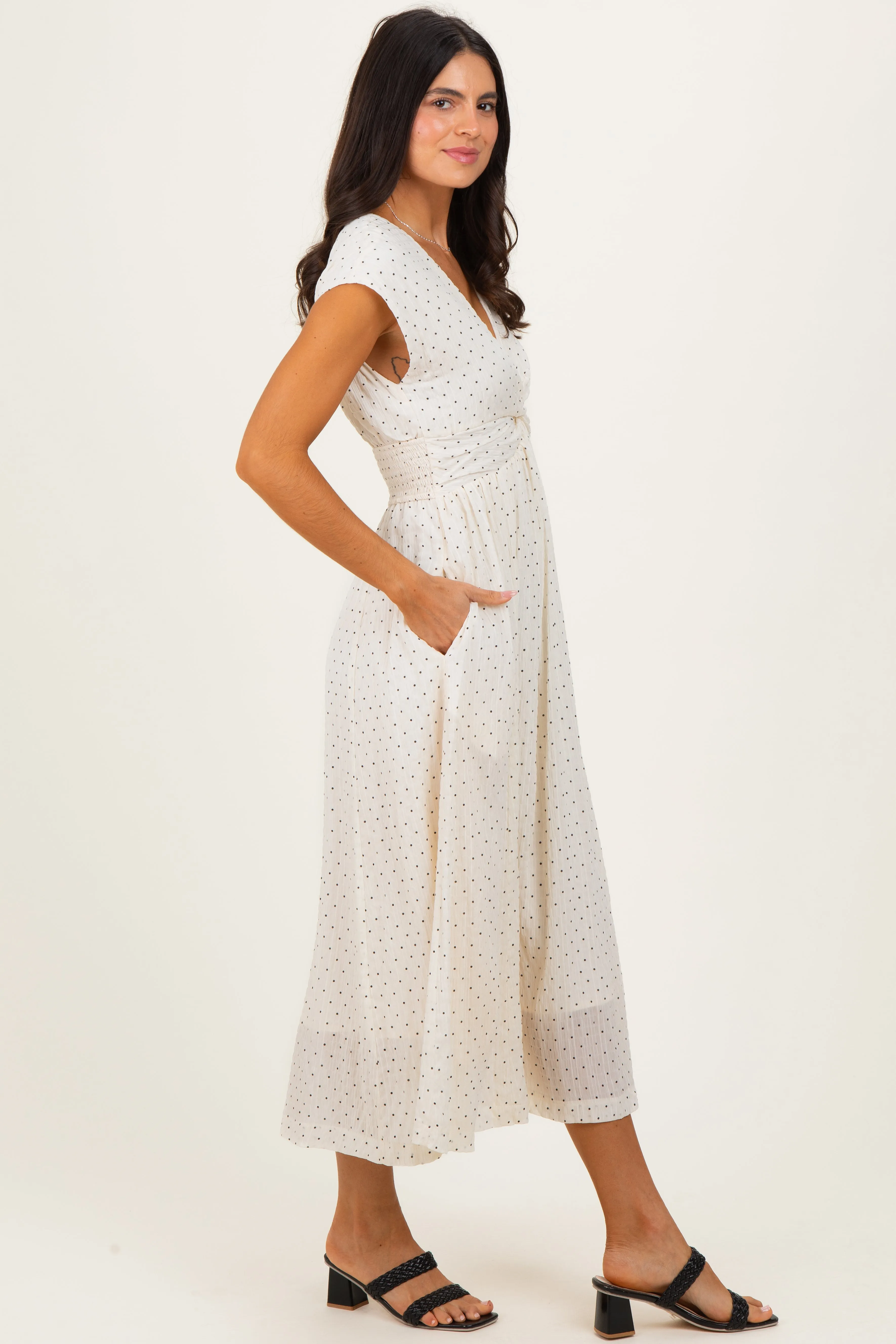 Cream Polka Dot Twisted Detail V Neck Maxi Dress sold by Pinkblush product image thumbnail 2