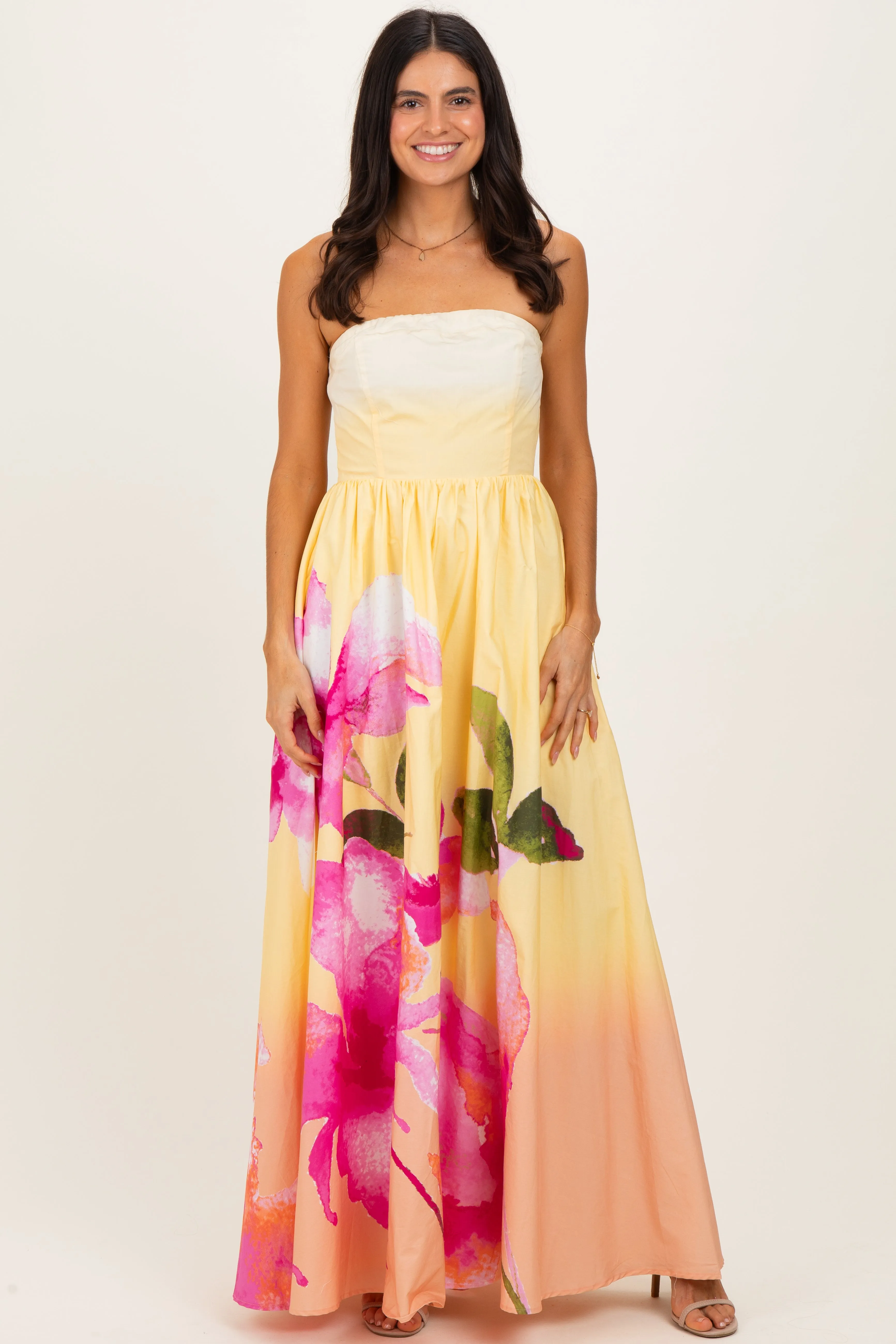 Light Yellow Floral Strapless Maxi Dress sold by Pinkblush