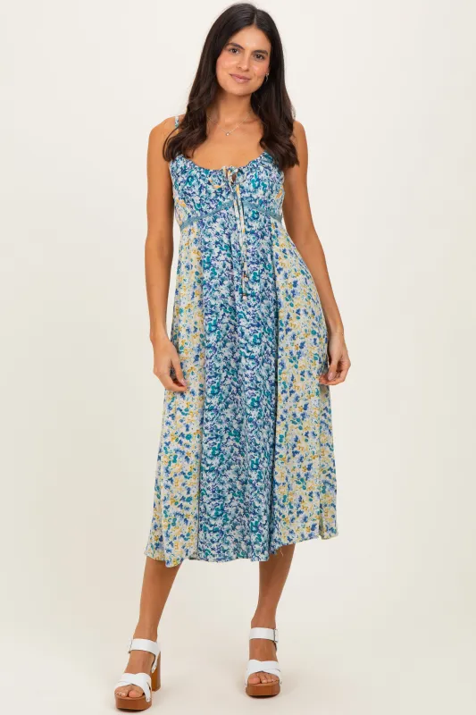 Blue Colorblock Floral Tie Front Midi Dress made by Angie