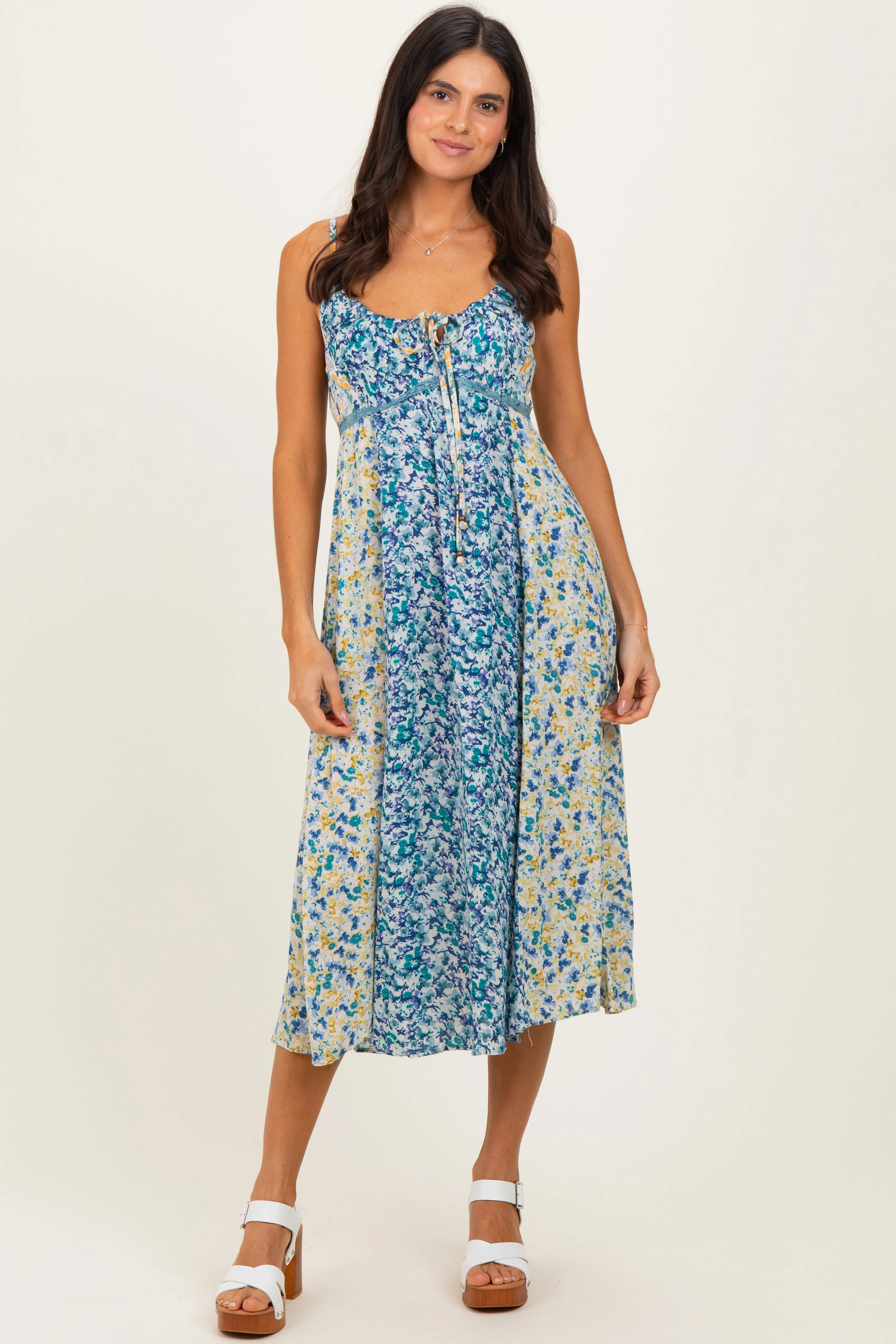 Blue Colorblock Floral Tie Front Midi Dress sold by Pinkblush