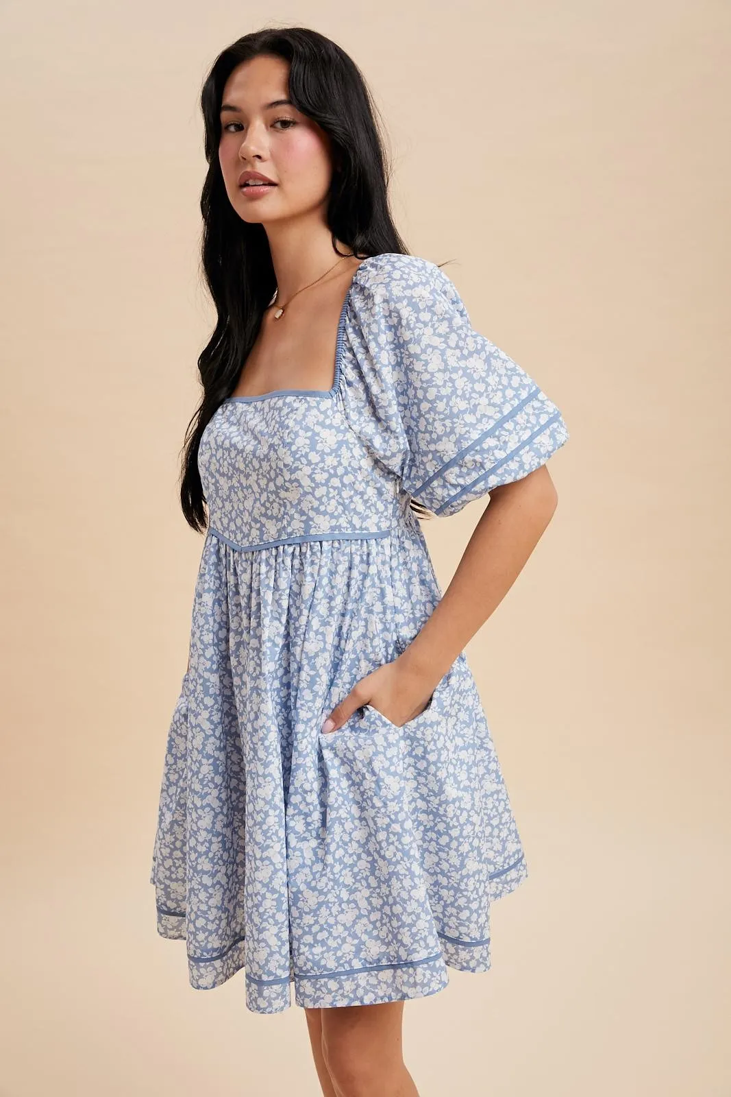 Blue Aura Contrast Binded Floral Mini Dress sold by Pinkblush product image thumbnail 3