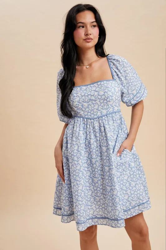 Blue Aura Contrast Binded Floral Mini Dress sold by Pinkblush