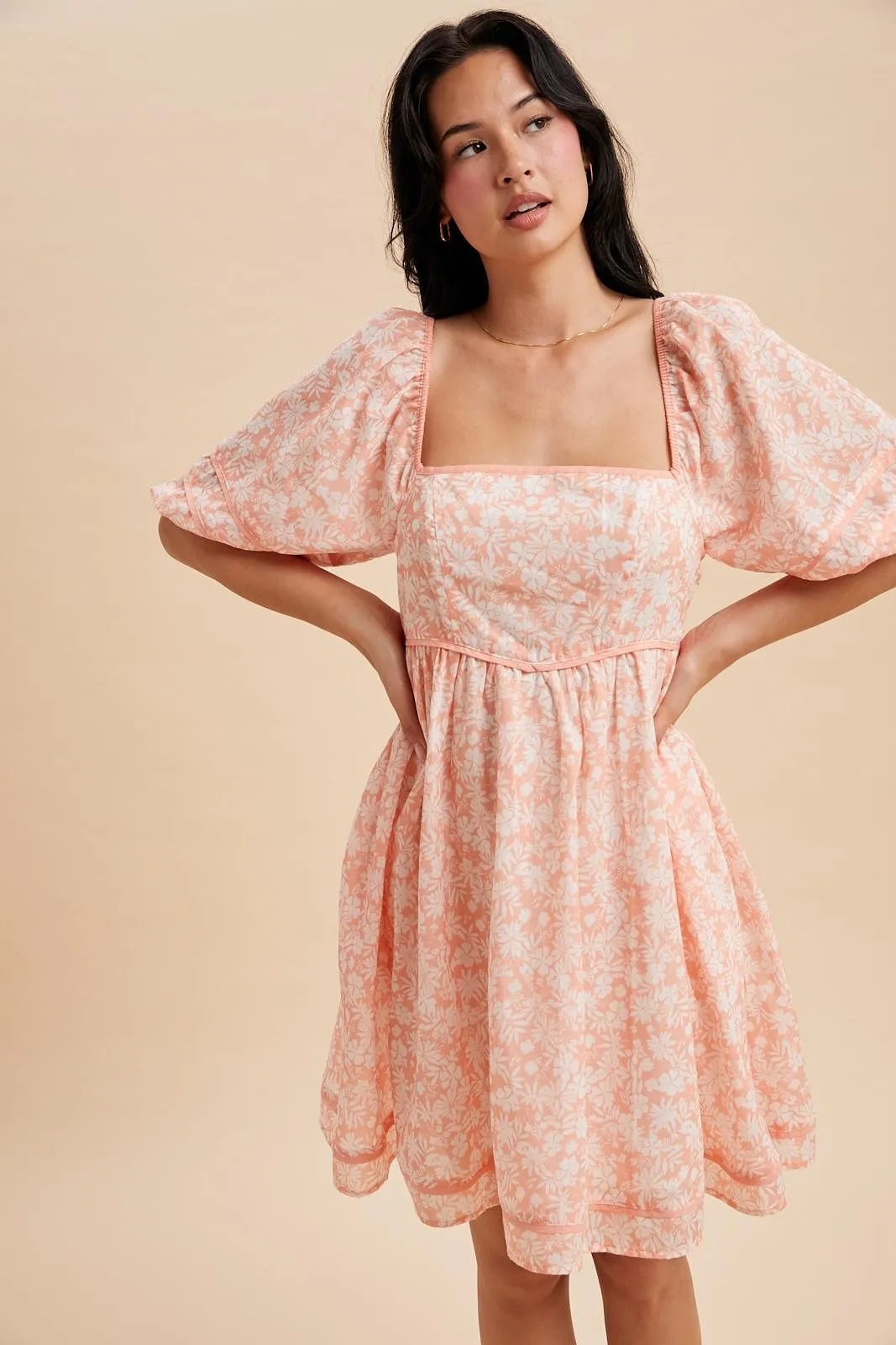 Coral Contrast Binded Floral Mini Dress sold by Pinkblush product image thumbnail 2