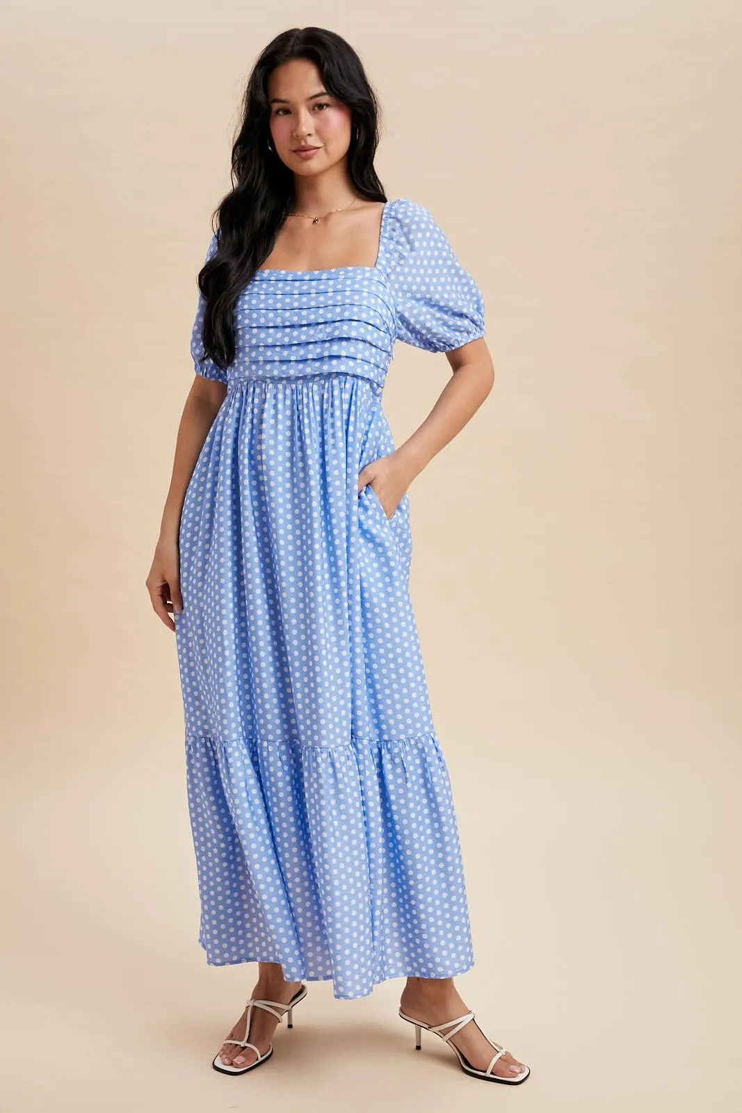 Blue Pleated Polka Dot Maxi Dress sold by Pinkblush