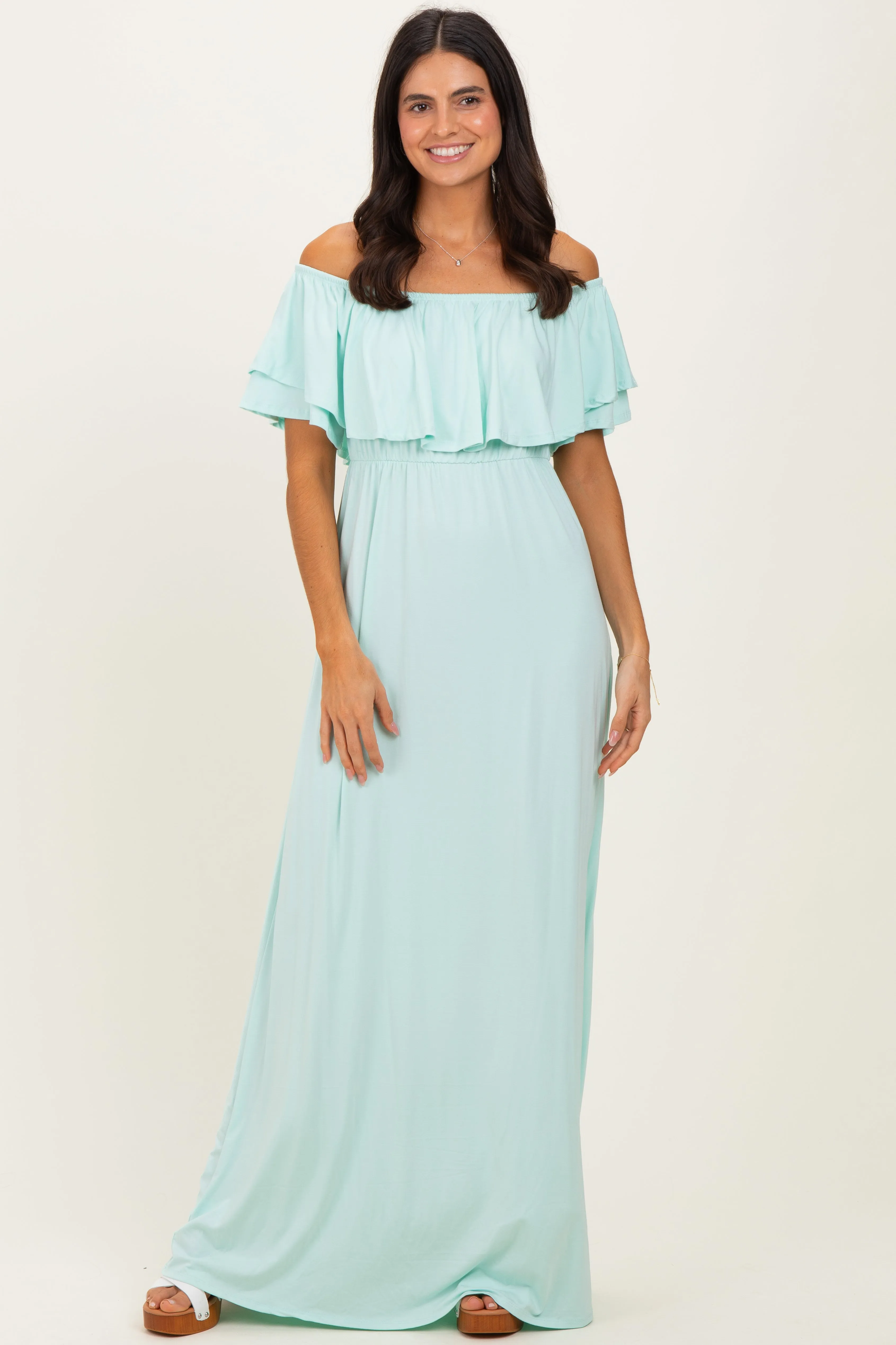Mint Ruffle Off Shoulder Maxi Dress sold by Pinkblush